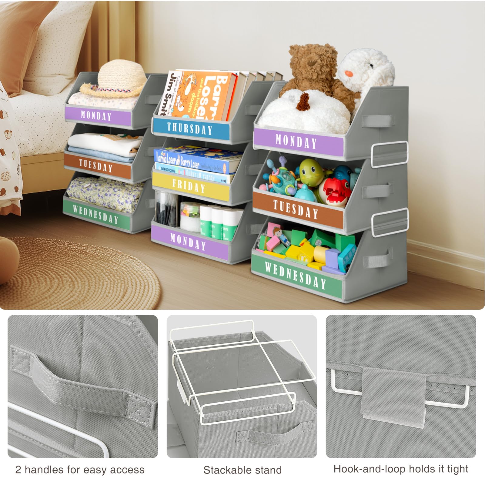 Homsorout Closet Organizers and Storage - 5 Tier Shelf Organizer with Weekly Labels, Stackable Storage Bins with Metal Frame, Foldable Cube Bins, Home Baskets for Kids and Adults, Beige