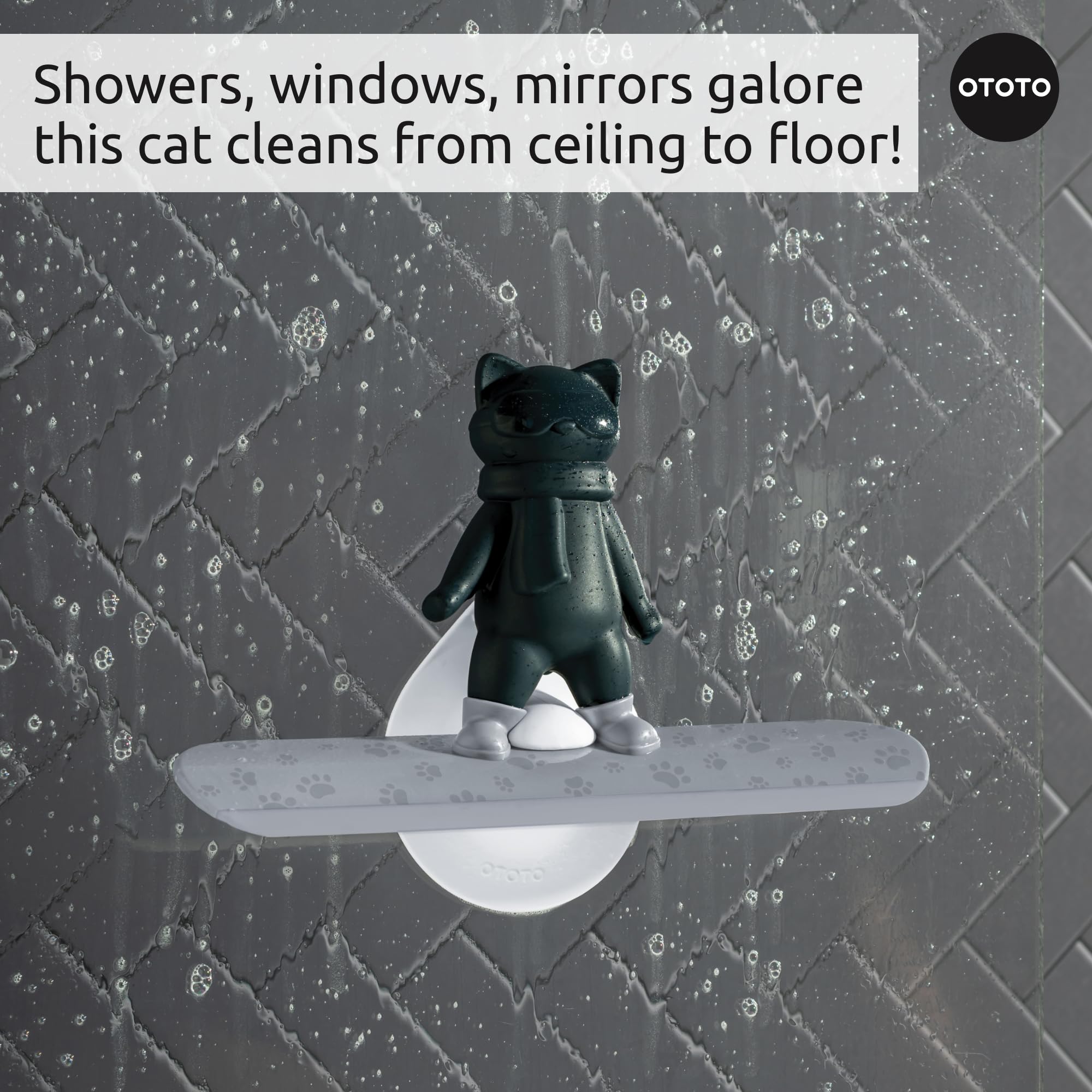 OTOTO Chill Cat Squeegee - Cute Kitchen Accessories, Cute Bathroom Decor, Black Bathroom Accessories, Shower Accessories, Shower Squeegee for Glass Doors, Small Bathroom Squeegee, Cat Gifts