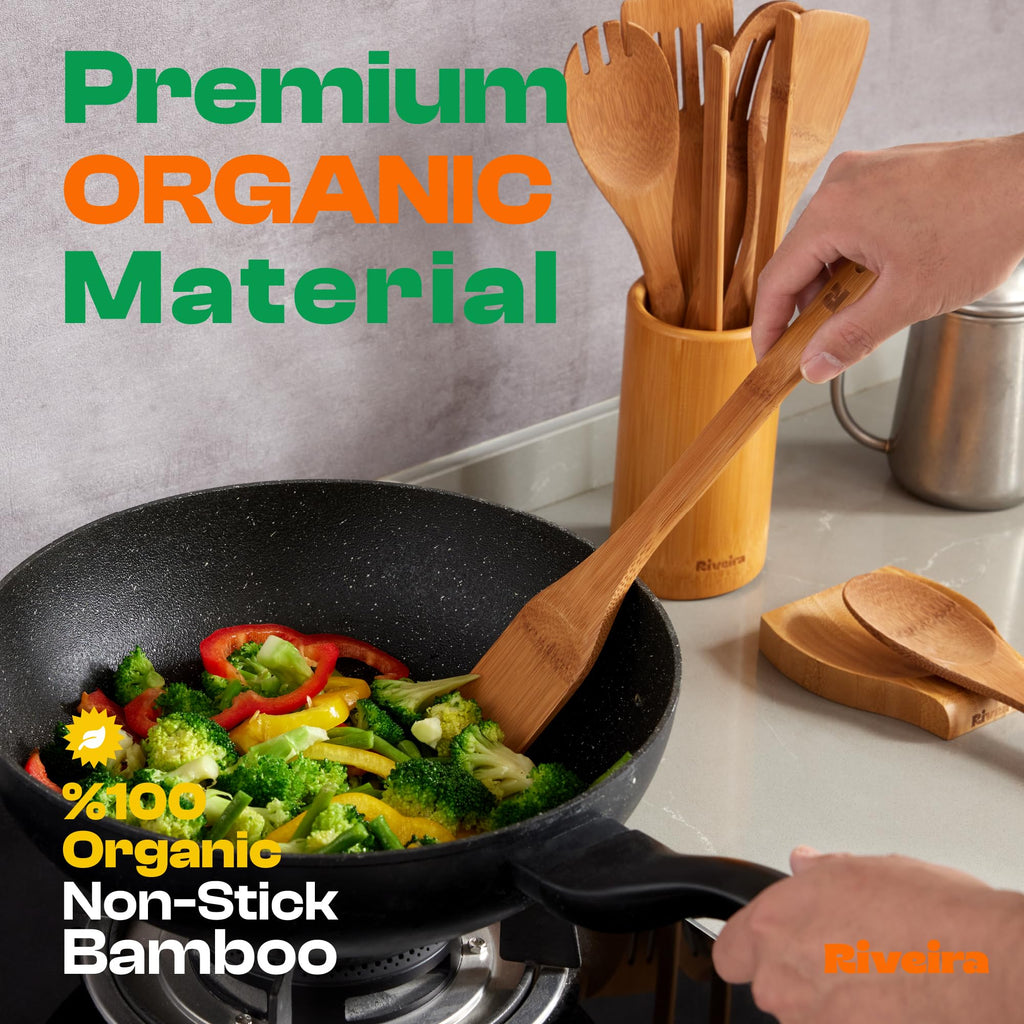 Riveira Dark Bamboo Wooden Spoons for Cooking 6-Piece, Apartment Essentials Wood Spatula Spoon Nonstick Kitchen Utensil Set Premium Quality Housewarming Gifts for Everyday Use