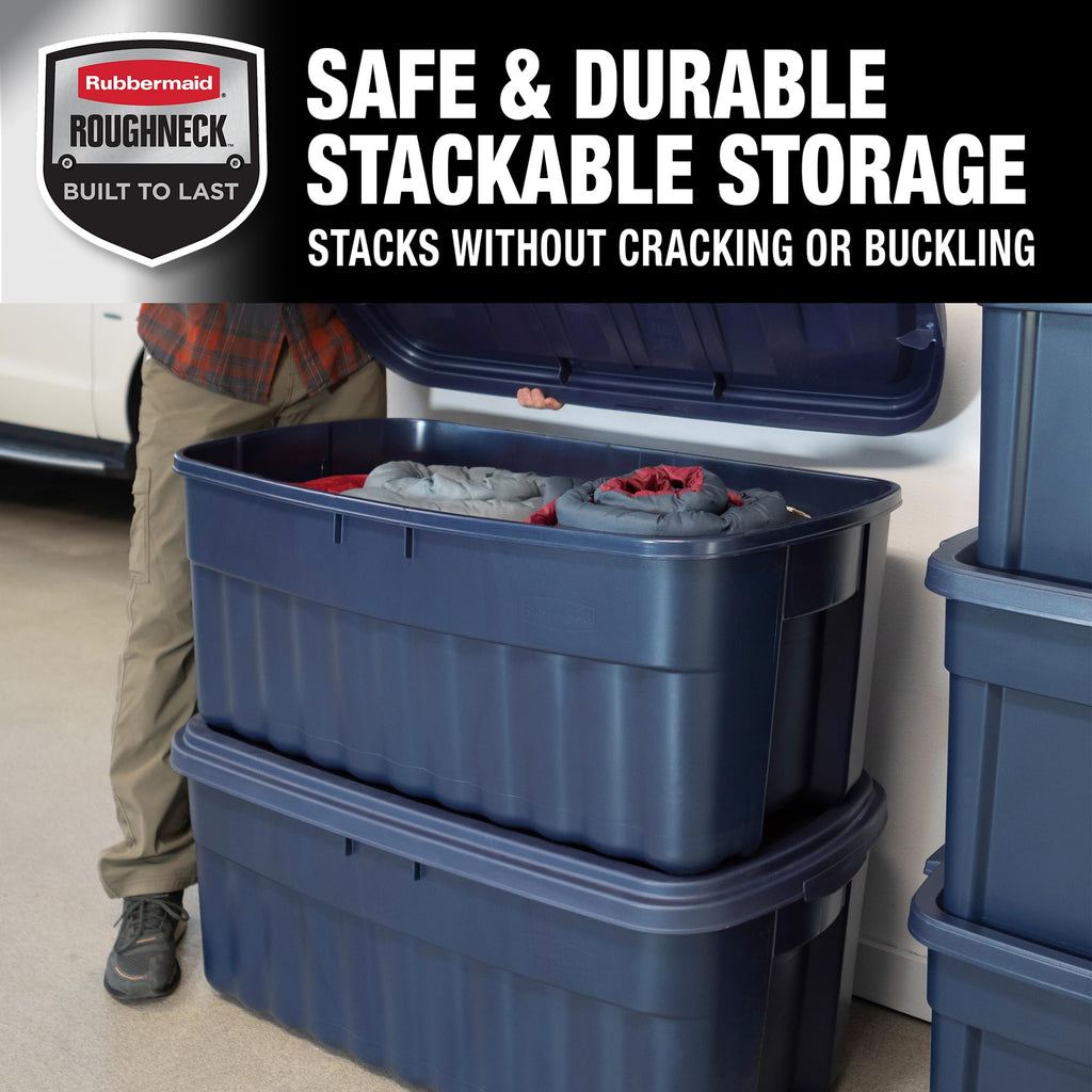 Rubbermaid Roughneck Tote 14 Gal, 6 Pack, Made in USA, Dark Indigo Metallic, Rugged Plastic Stackable Storage Bins with Lids and Handles