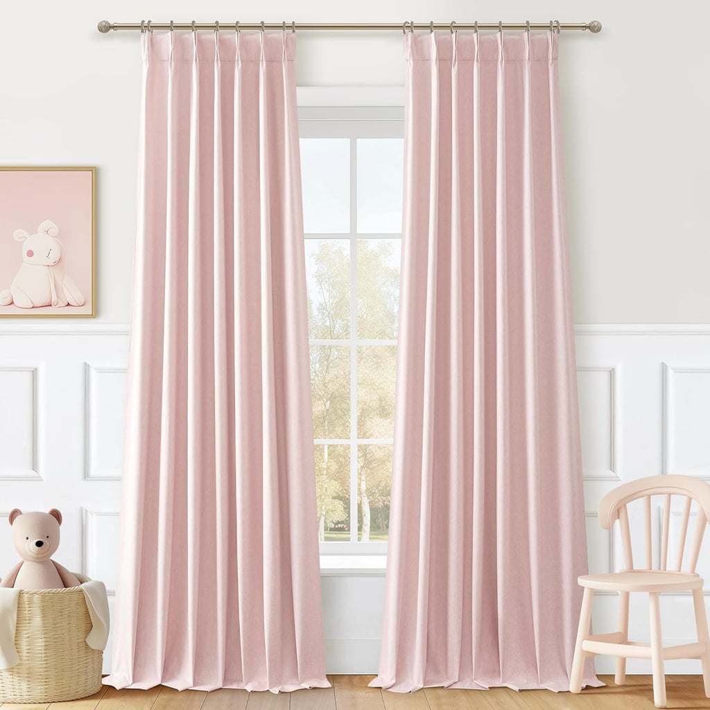 Natural Linen Pinch Pleated Blackout Curtains & Drapes 96 Inch Long Bedroom/Livingroom Farmhouse Curtains 2 Panel Sets, Neutral Track Room Darkening Thermal Insulated 8ft Back Tab Window Curtain