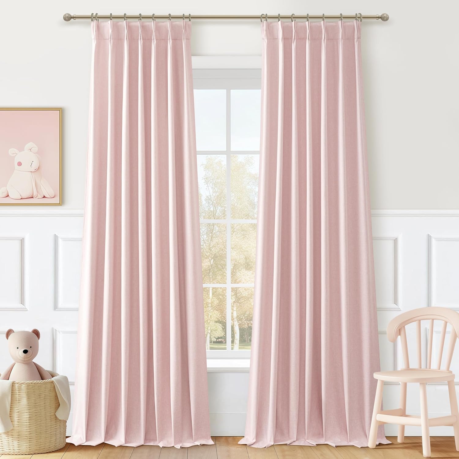 Natural Linen Pinch Pleated Blackout Curtains & Drapes 96 Inch Long Bedroom/Livingroom Farmhouse Curtains 2 Panel Sets, Neutral Track Room Darkening Thermal Insulated 8ft Back Tab Window Curtain
