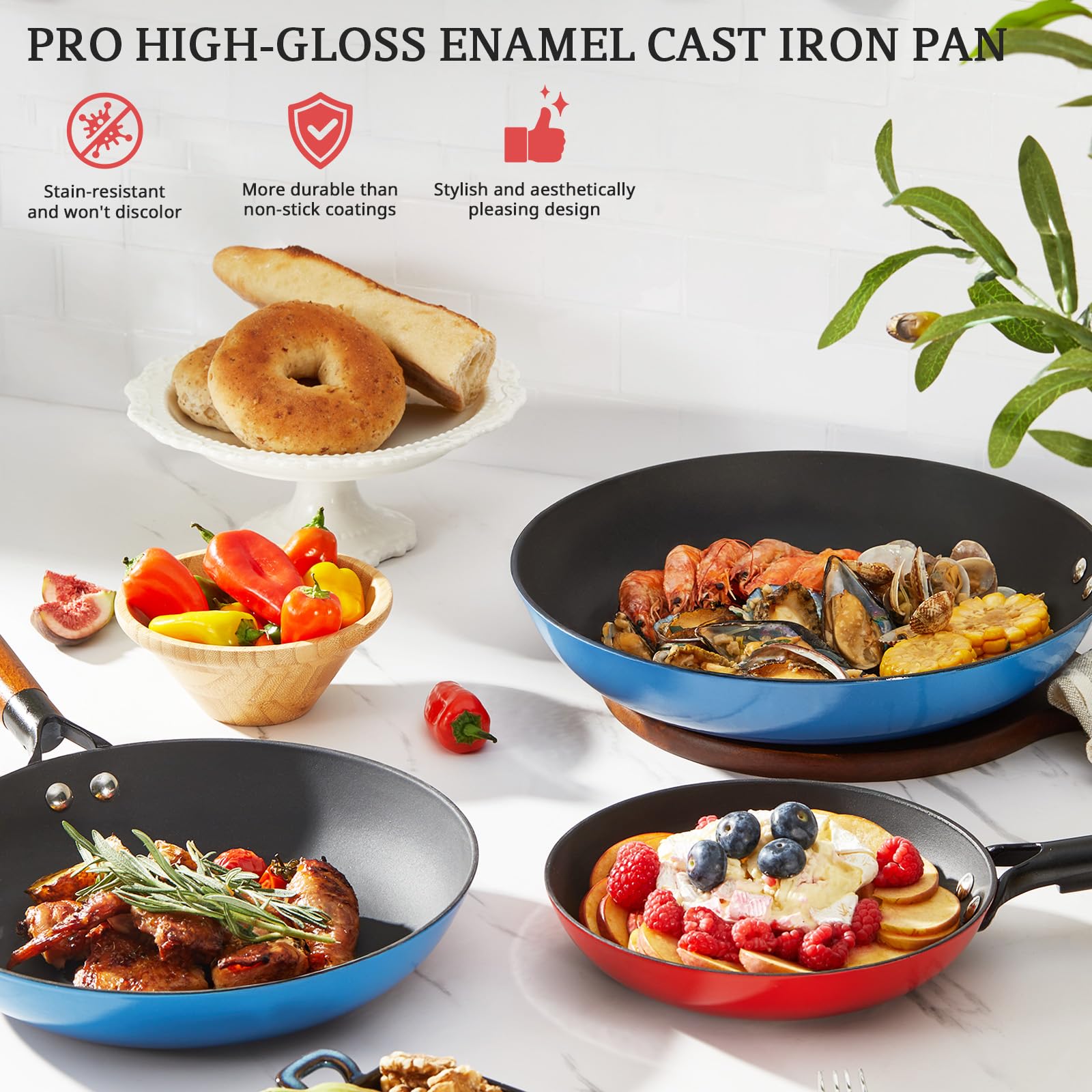 KITESSENSU Enameled Cast Iron Skillets - Non Stick Frying Pans Set with Durable Wooden Handle - 10&12 Inch Titanium Cast Iron Pans for Multi-Cooking - Pre Seasoned Cookware Set - Gradual Cobalt Blue
