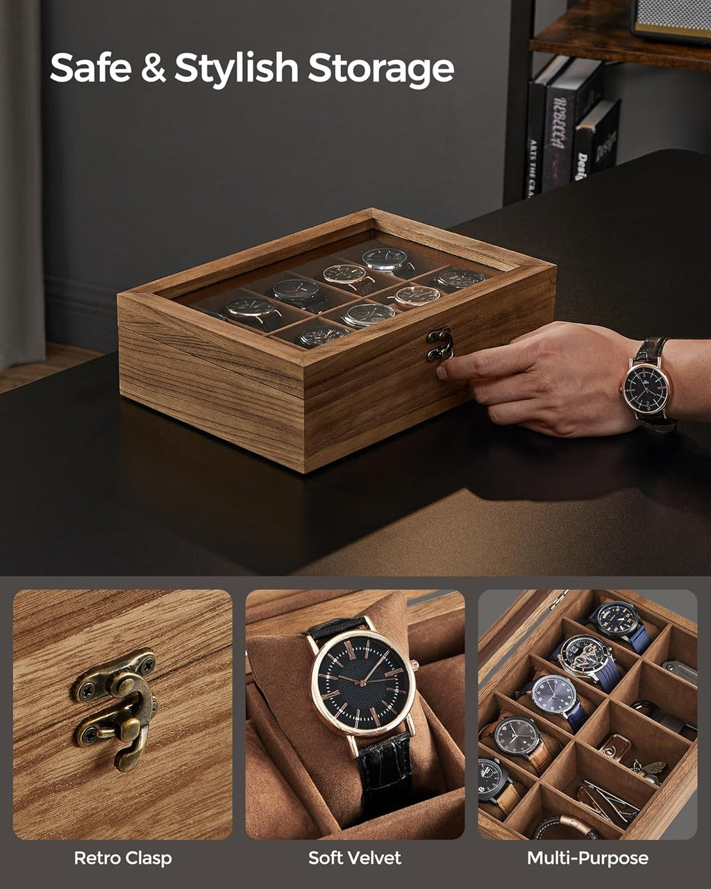 SONGMICS 10-Slot Watch Box, Watch Display Case with Large Glass Lid, Removable Watch Pillows, Velvet Lining, Gift Idea, Rustic Walnut UJOW100K01