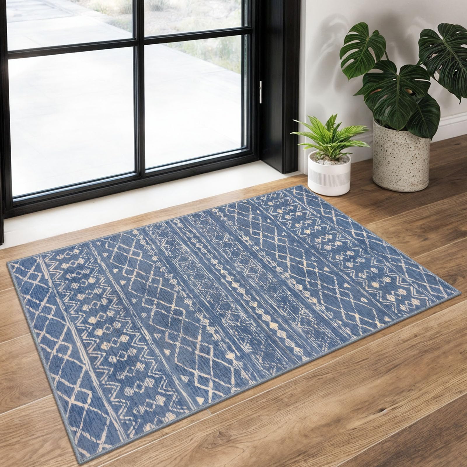 KUTA Washable Non-Slip Rugs for Entryway 2x3, Grey Moroccan Boho Small Area Rug, Ultra Soft Vintage Geometric Low-Pile Indoor Door Mat Floor Carpet for Indoor, Entrance, Kitchen, Bathroom, Bedroom