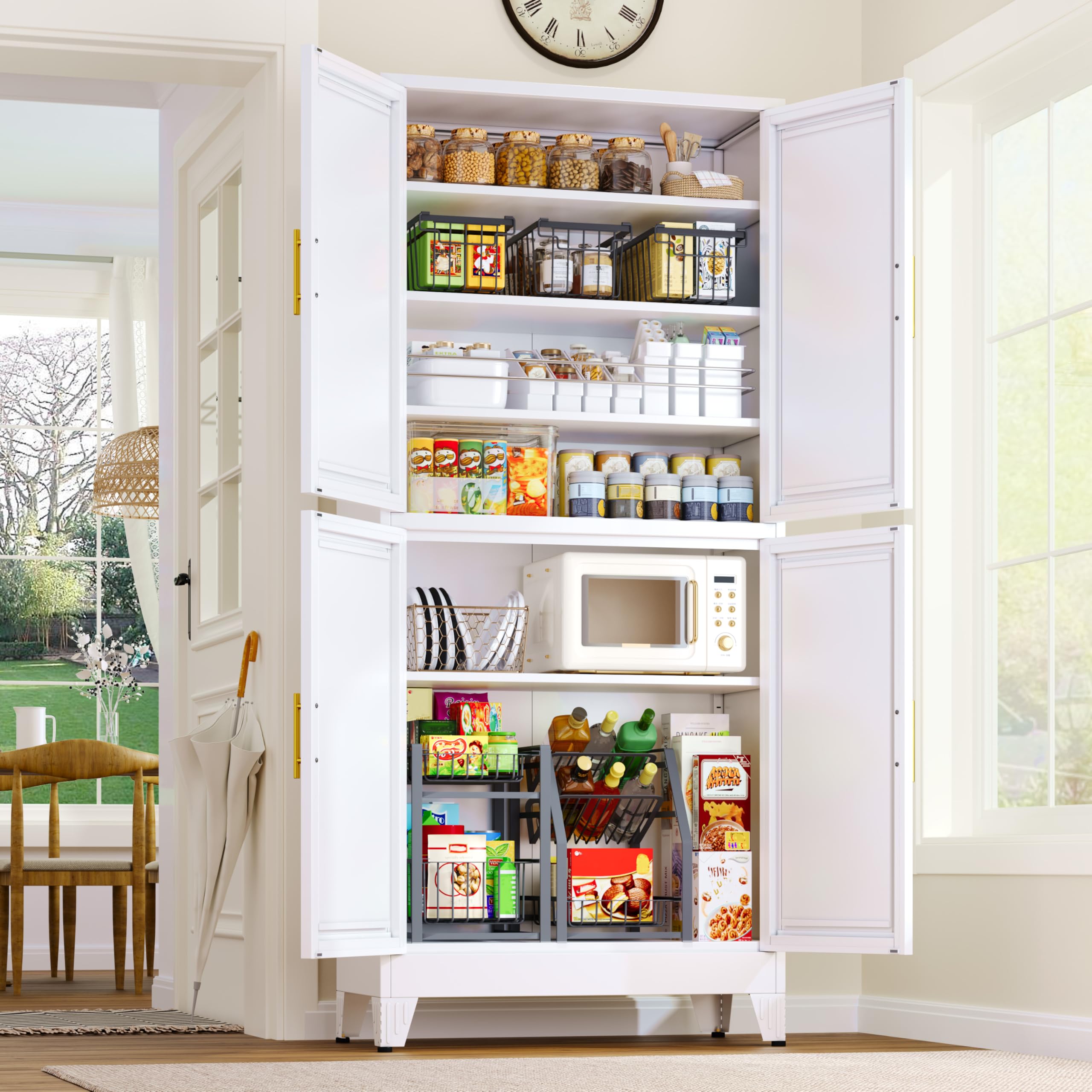 GAIOUS Metal Pantry Cabinet, Kitchen Pantry Storage Cabinets with 2 Door and 3 Adjustable Shelves, White Kitchen Pantry Cabinet, Freestanding Cupboard for Dining Room Living Room Bathroom