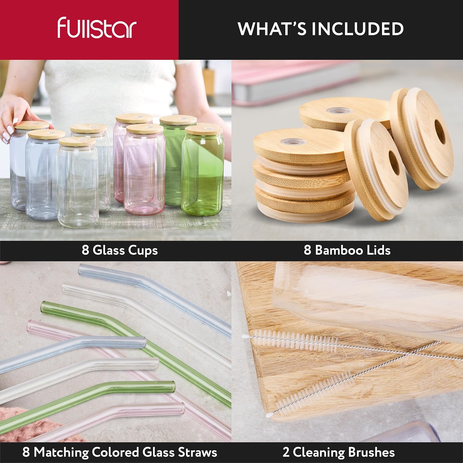 fullstar Glass Tumblers with Lids and Straws – Reusable Iced Coffee Cups with Bamboo Lids (Multicolor, 8 Pack)