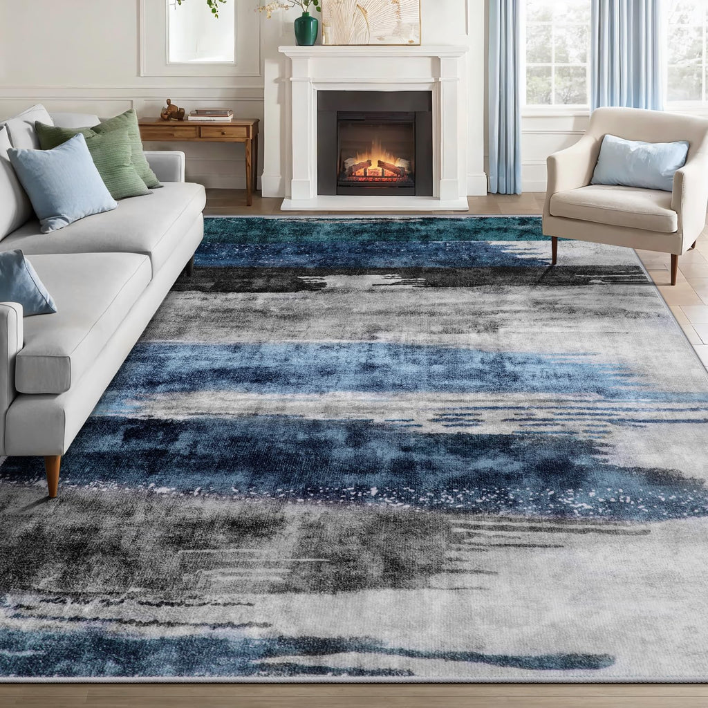 Ciicool Modern Abstract Area Rug 2x3 Washable Small Entryway Rug, Non-Slip Low Pile Throw Rug, Foldable Kitchen Bathroom Rugs, Blue Grey Floor Carpet for Entrance Living Room Bedroom Indoor Doormat