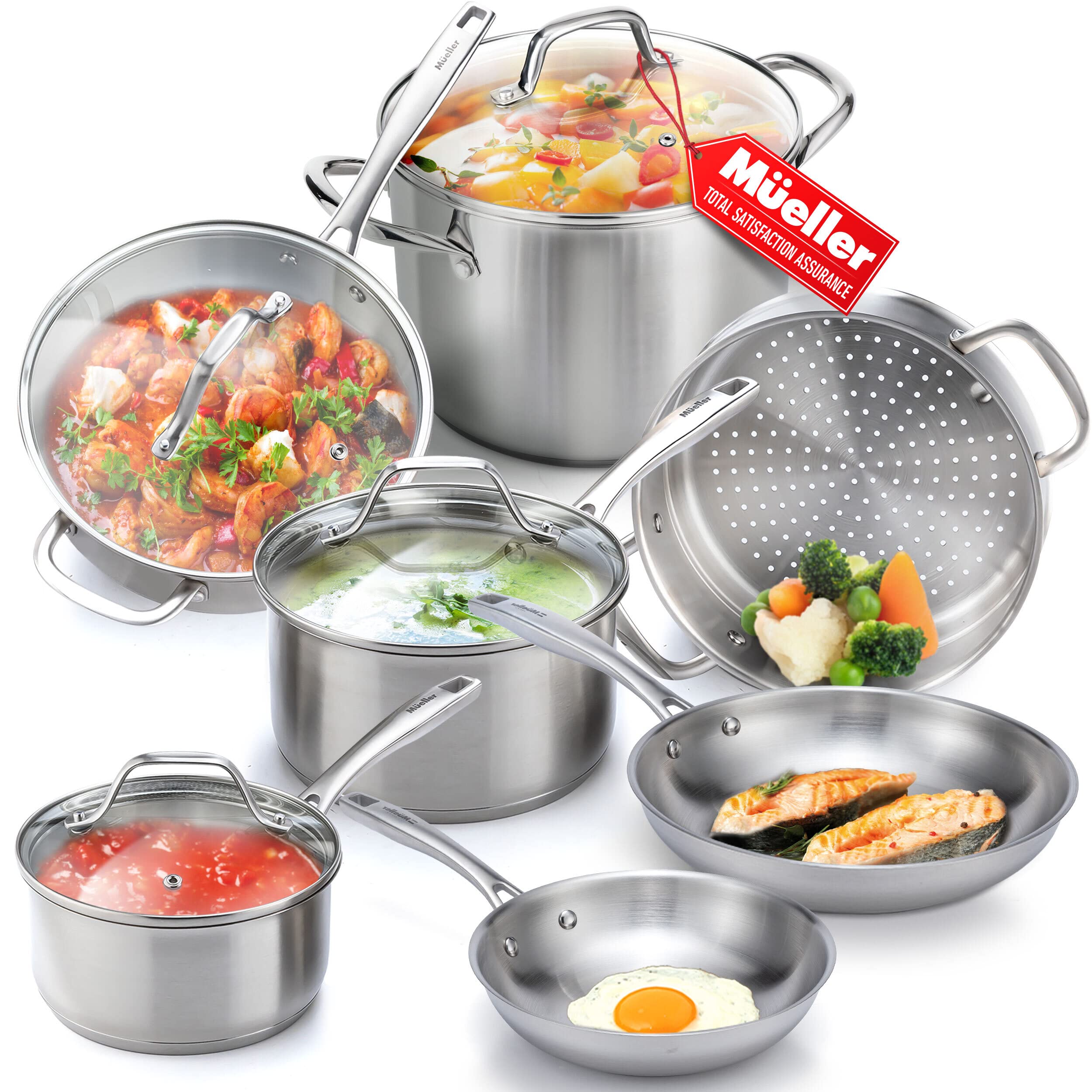 Mueller Pots and Pans Set 17-Piece, Ultra-Clad Pro Stainless Steel Cookware Set, Ergonomic EverCool Handle, Induction Cookware, Includes Saucepans, Skillets, Dutch Oven, Stockpot, Steamer For Cooking
