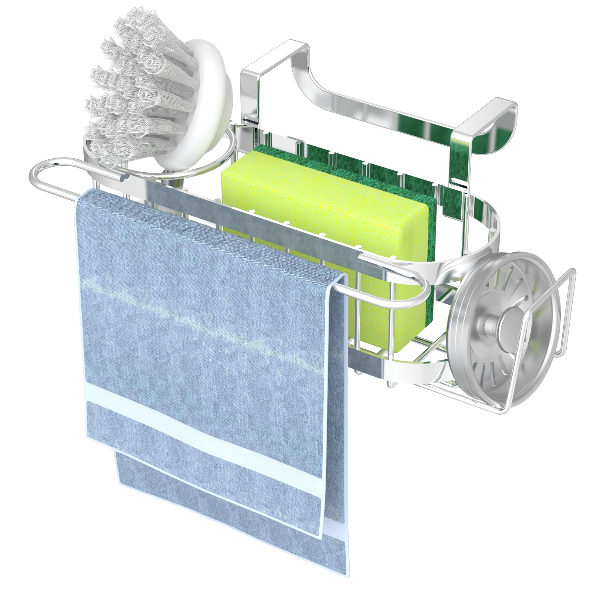 Cisily Organizador de Fregadero de Cocina con Soporte para Esponja en el Fregadero, Organizador de Fregadero de Cocina de Acero Inoxidable, Soporte para Cepillo, Percha para Paños de Platos, Soporte