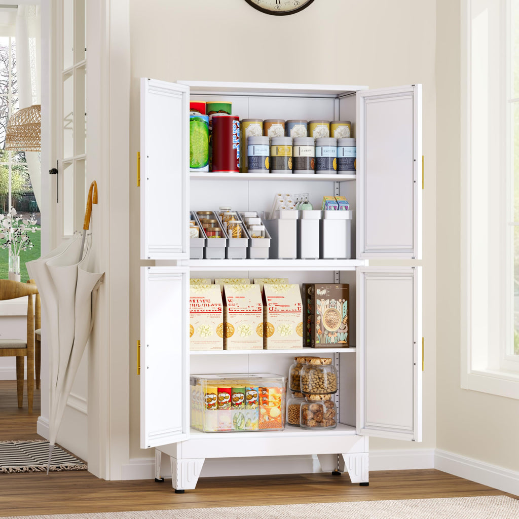 GAIOUS Metal Pantry Cabinet, Kitchen Pantry Storage Cabinets with 2 Door and 3 Adjustable Shelves, White Kitchen Pantry Cabinet, Freestanding Cupboard for Dining Room Living Room Bathroom