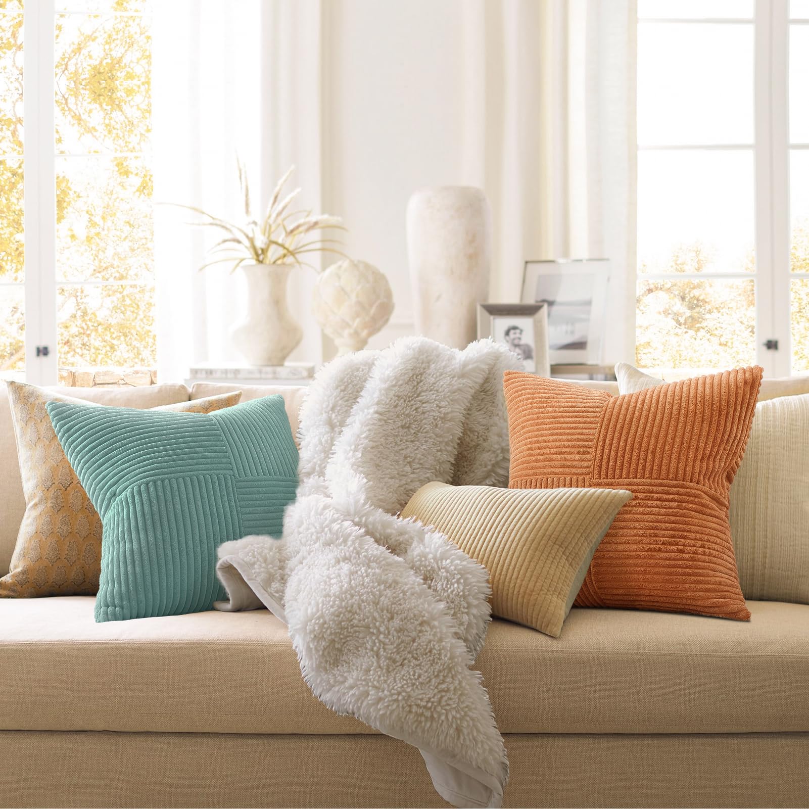 Topfinel SageGreen Throw Pillow Covers 18X18 Inch Set of 4,Boho Farmhouse Cozy Cushion Cover with Corduroy,Soft Accent Forest Green Pillow Covers for Couch,Bed,Living Room Home Decor