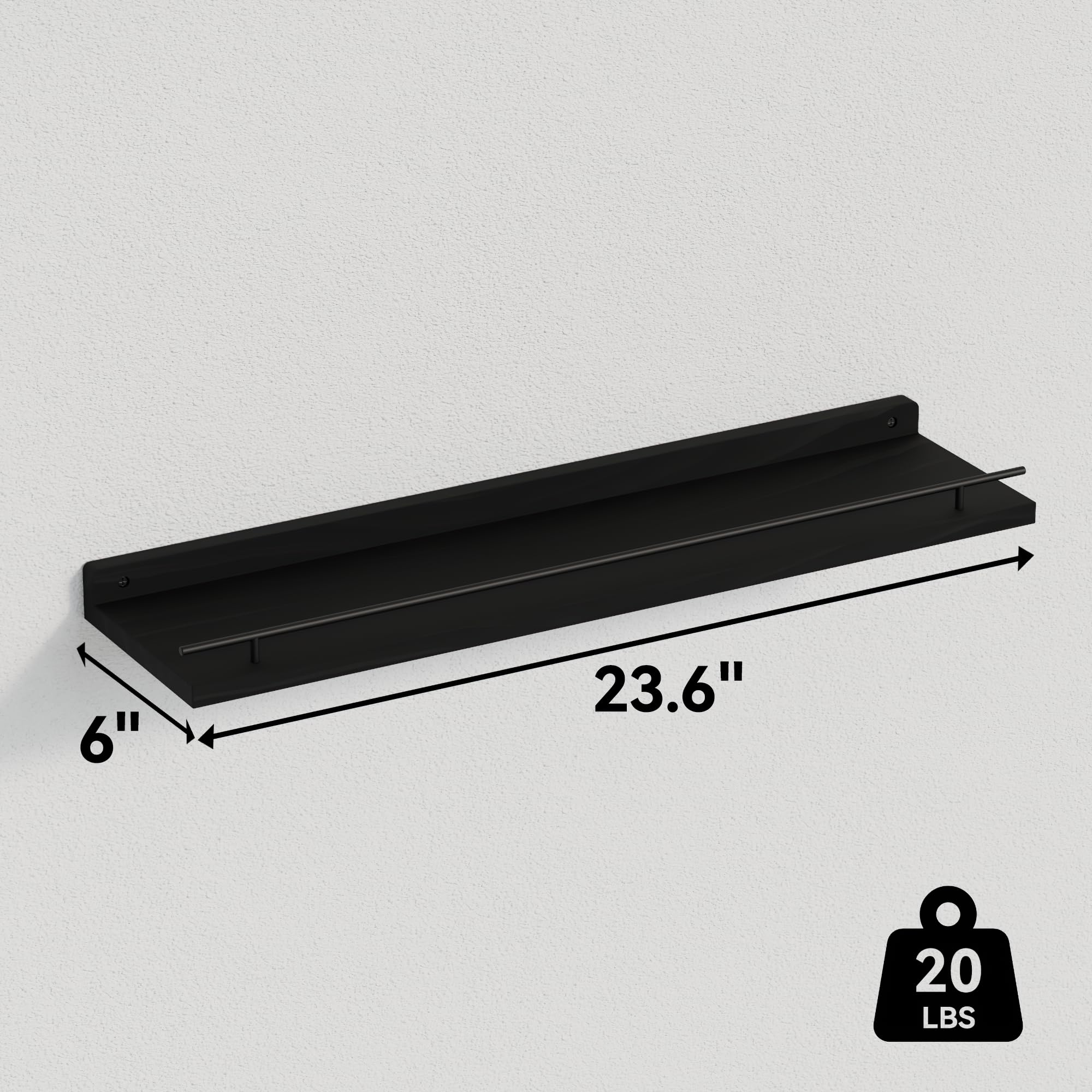 WOPITUES Floating Shelves with Black Metal Guardrail, Shelves for Wall Decor Set of 3, Wall Shelves for Bedroom, Bathroom, Kitchen, Living Room, Plants, Picture Frames, Art- Black