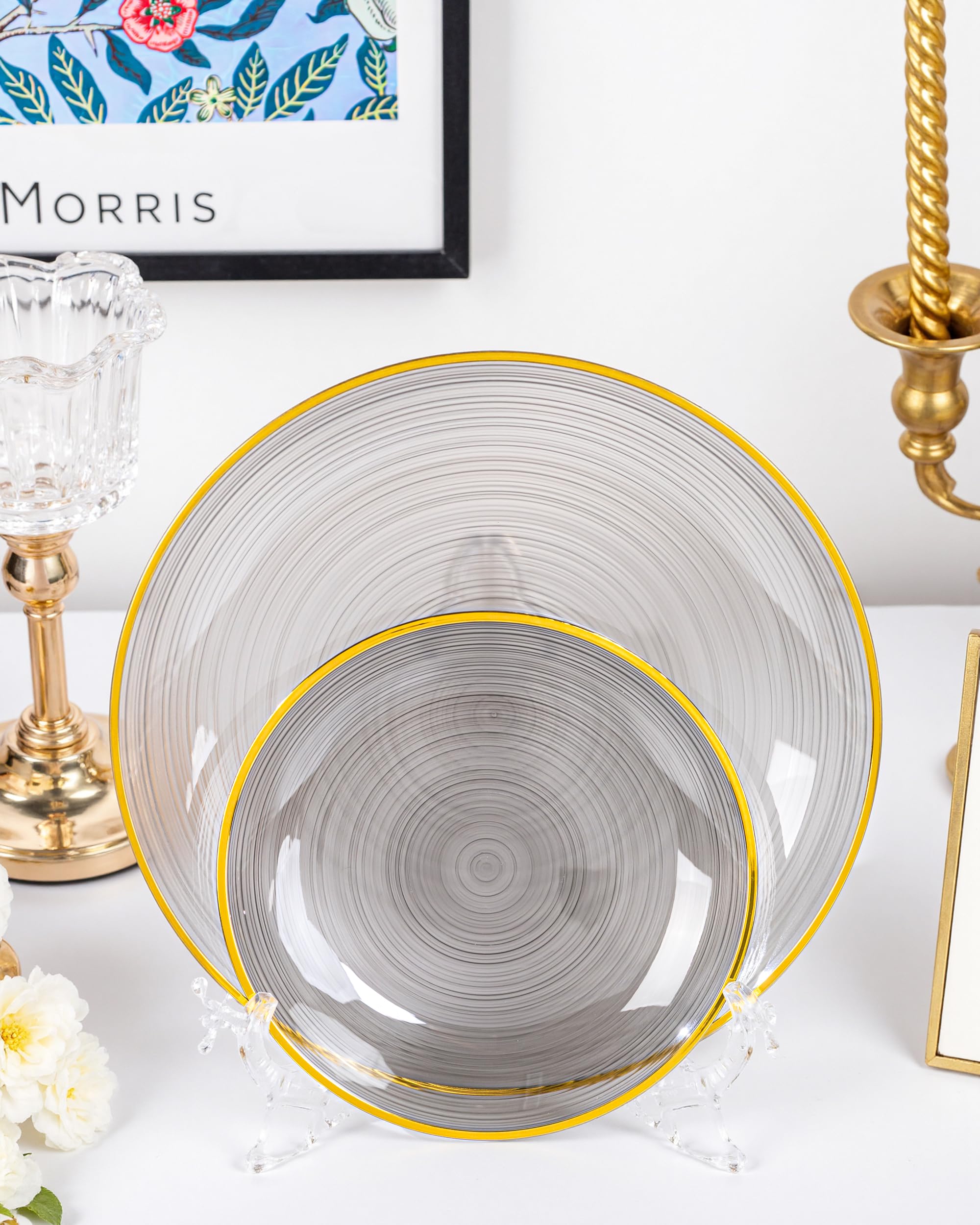 Morejoy 60Pcs Brown Plastic Plates,Brown Disposable Plates With Gold Rim, Gold Party Dinnerware Set Include 30 Dessert plates,30 Dinner plates for Party & Wedding