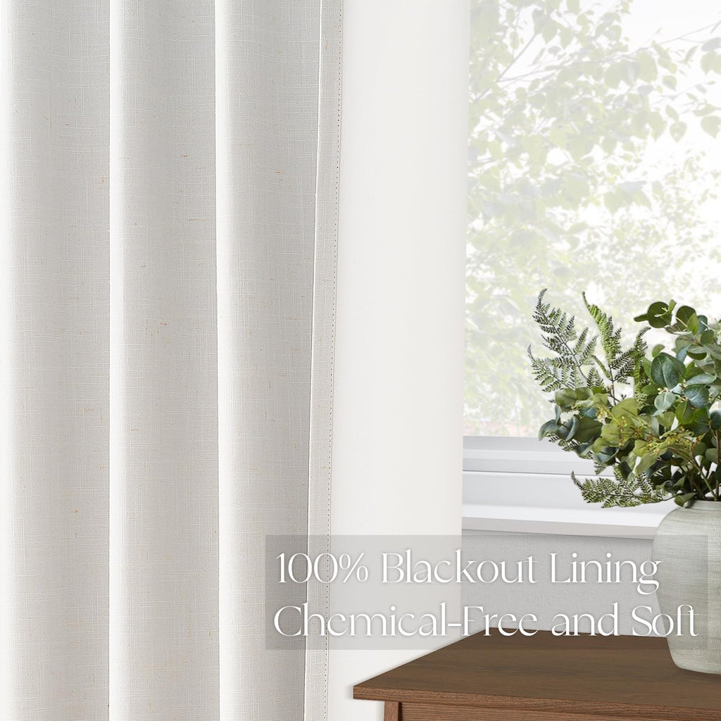 Topfinel Pinch Pleated Curtains 96 Inch Long, 100% Blackout Thermal Insulated Natural Linen Pinch Pleat Viral Drapes with Hooks Rings 2 Panel Sets, Neutral Beige Ivory 8FT Back Tab Window Curtains
