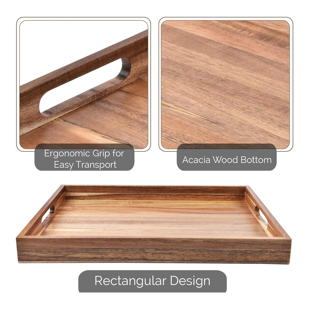 Acacia Wood Serving Tray with Handles (17 Inches) – Decorative Serving Trays Platter for Breakfast in Bed, Lunch, Dinner, Appetizers, Patio, Ottoman, Coffee Table, BBQ, Party –Great for Lap &Couch