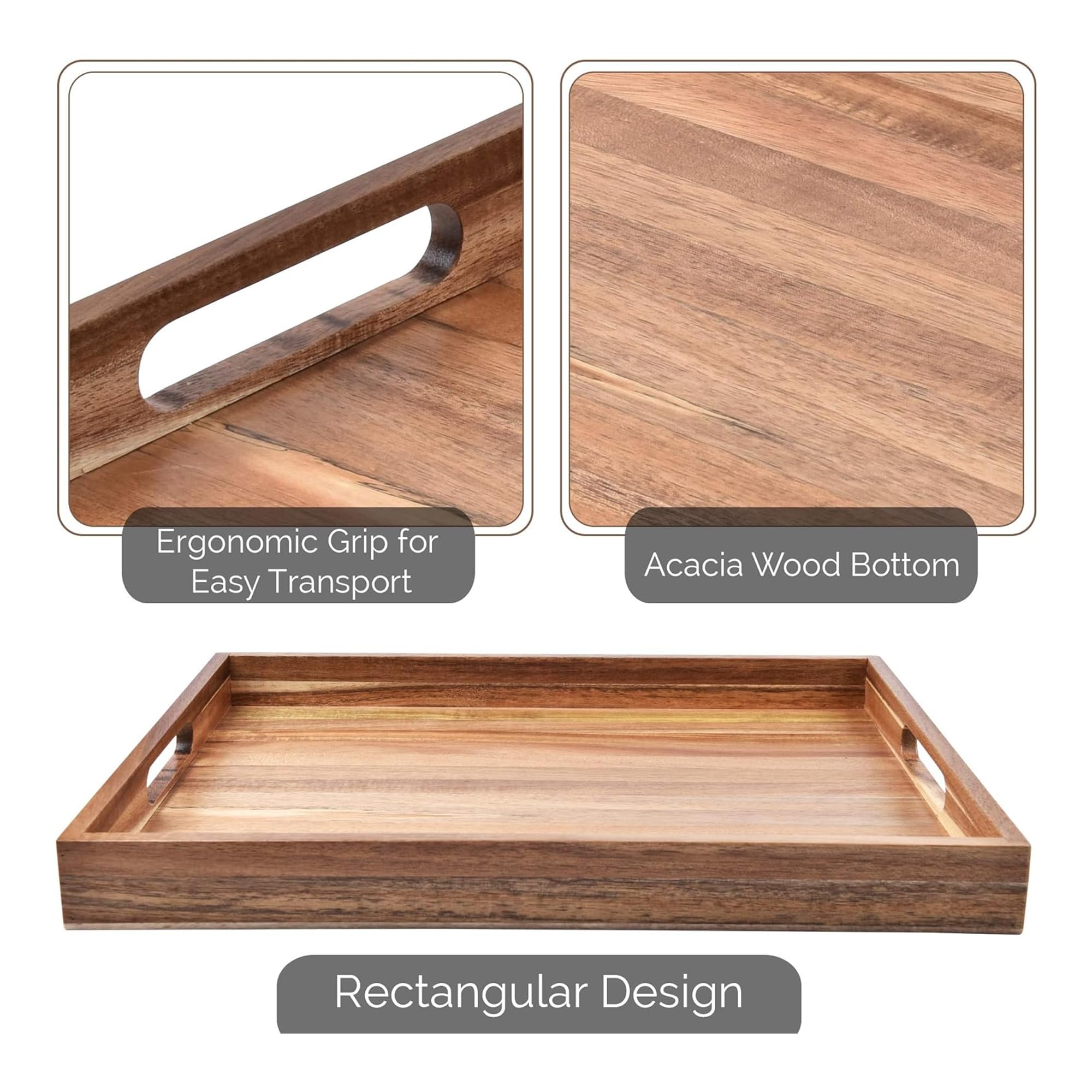 Acacia Wood Serving Tray with Handles (17 Inches) – Decorative Serving Trays Platter for Breakfast in Bed, Lunch, Dinner, Appetizers, Patio, Ottoman, Coffee Table, BBQ, Party –Great for Lap &Couch