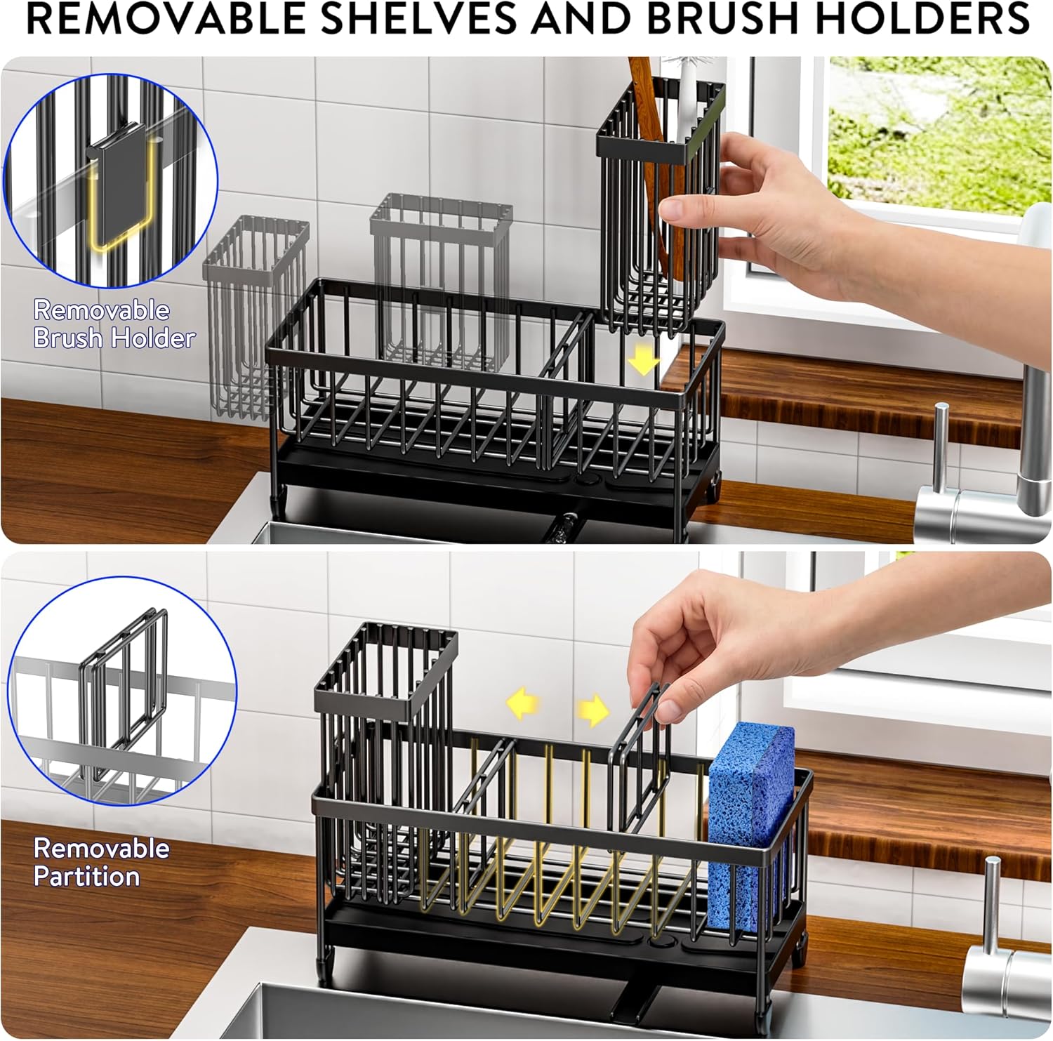 Cisily Kitchen Soap Dispenser Set with Sink Caddy, 17 Oz Glass Bottle, Hand and Dish Soap Dispenser Set with Sponge Holder, Black Stainless Steel Rustic Kitchen Countertop Sink Organizer Accessories