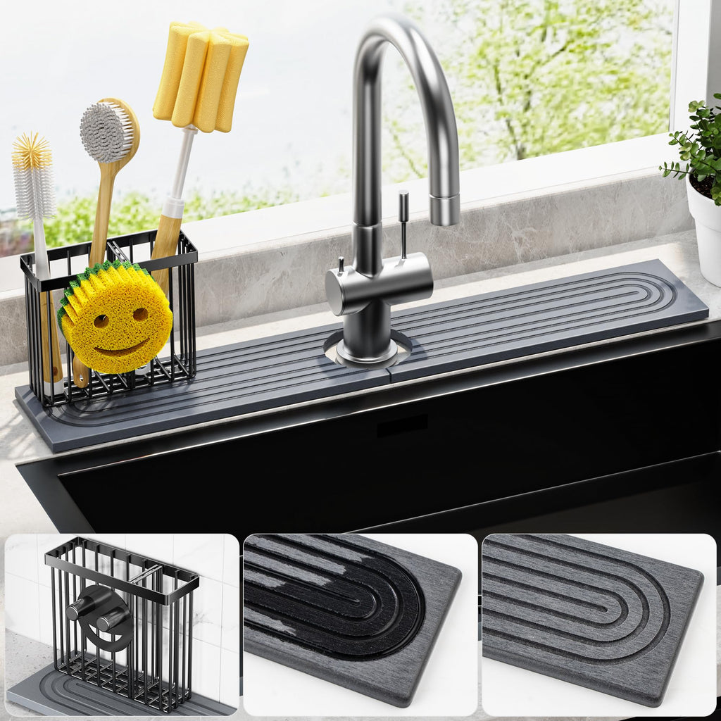 Cisily Tapete de diatomita para grifo de cocina con soporte para escobillas, absorbente para encimera de secado de piedra, área de protección contra salpicaduras de agua, detrás del fregadero de la cocina, organizador de accesorios de decoración