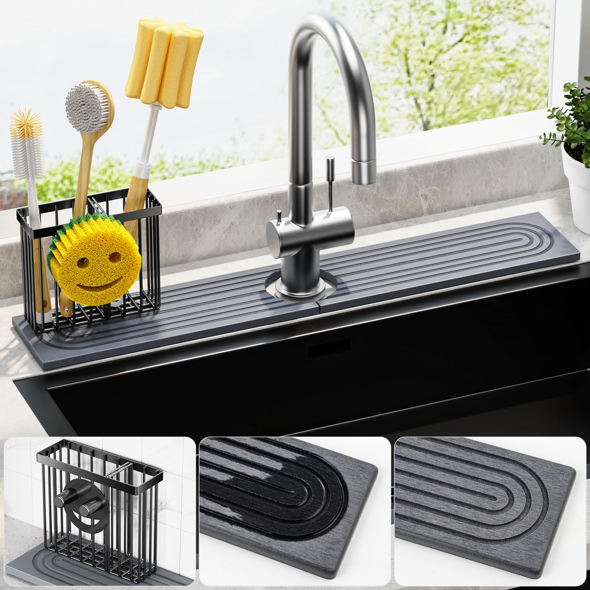 Cisily Tapete de diatomita para grifo de cocina con soporte para escobillas, absorbente para encimera de secado de piedra, área de protección contra salpicaduras de agua, detrás del fregadero de la cocina, organizador de accesorios de decoración