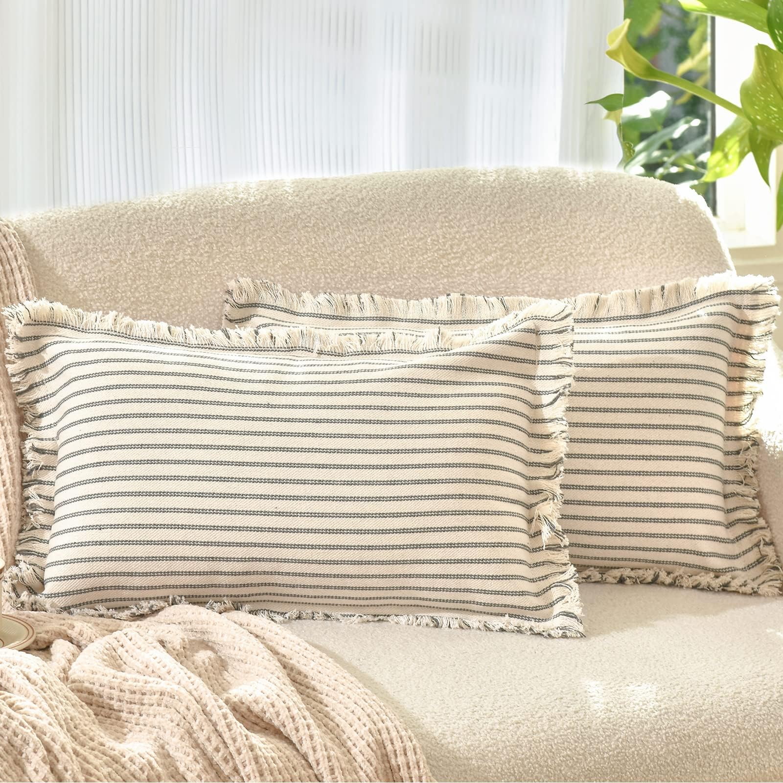 ZWJD Throw Pillow Covers 20x20 Set of 2 Striped Pillow Covers with Fringe Chic Cotton Decorative Pillows Square Cushion Covers for Sofa Couch Bed Living Room Farmhouse Decor, (Gray)