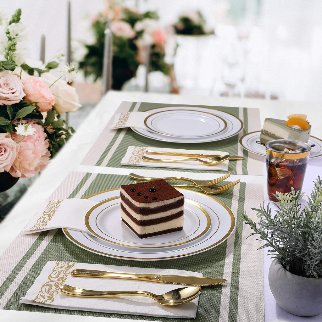 FOCUSLINE 350 Ct Disposable Dinnerware Set for 50 Guests -Heavy Duty Plastic Plates with Gold Rim, Includes 50 Dinner & Salad Plates, Cups, Napkins, Cutlery Set