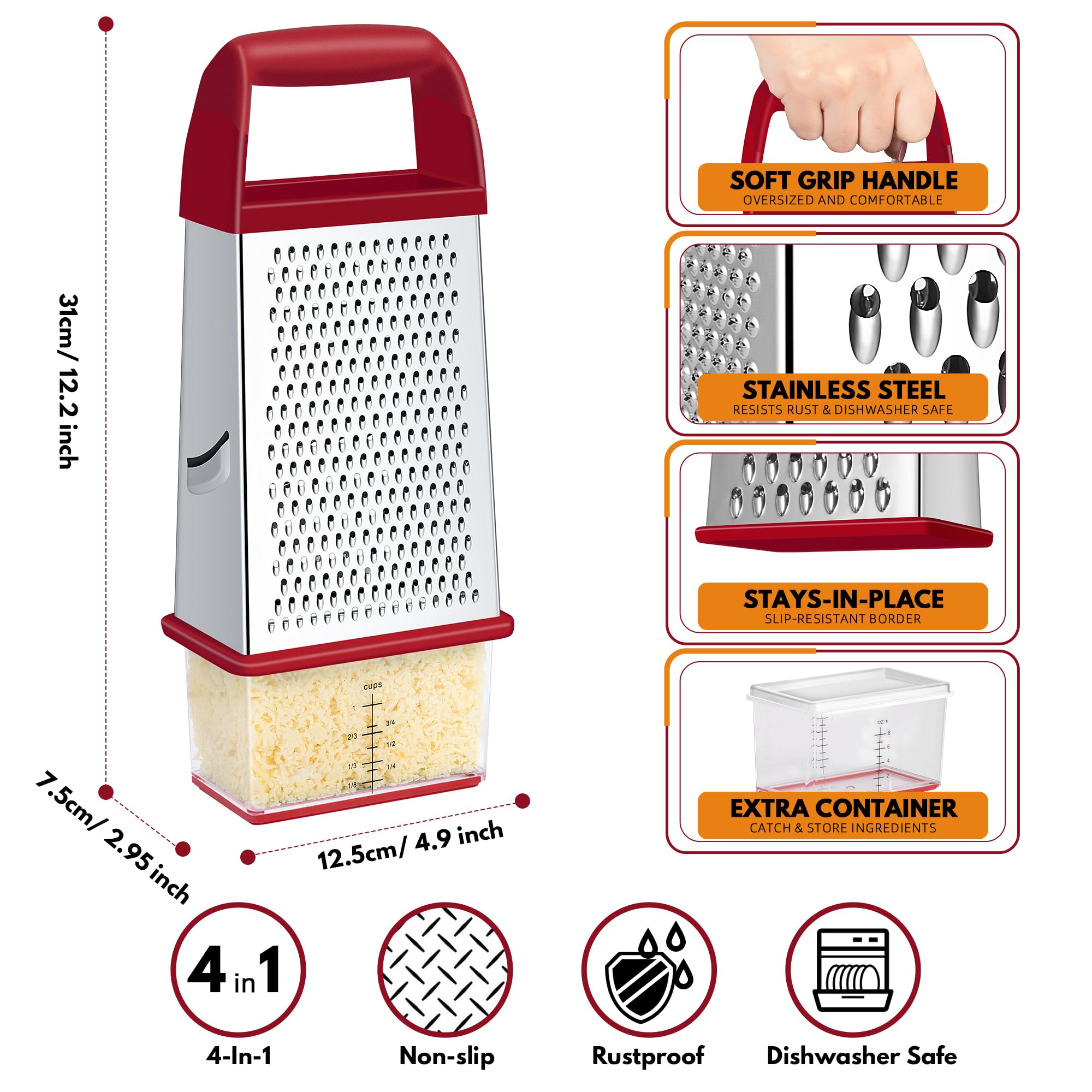 Urbanstrive Cheese Grater With Container Box Grater Stainless Steel Graters for Kitchen Cheese Shredder Parmesan Shredder Kitchen Gadgets Kitchen Tools Kitchen Gifts for Chef Dishwasher Safe Zester