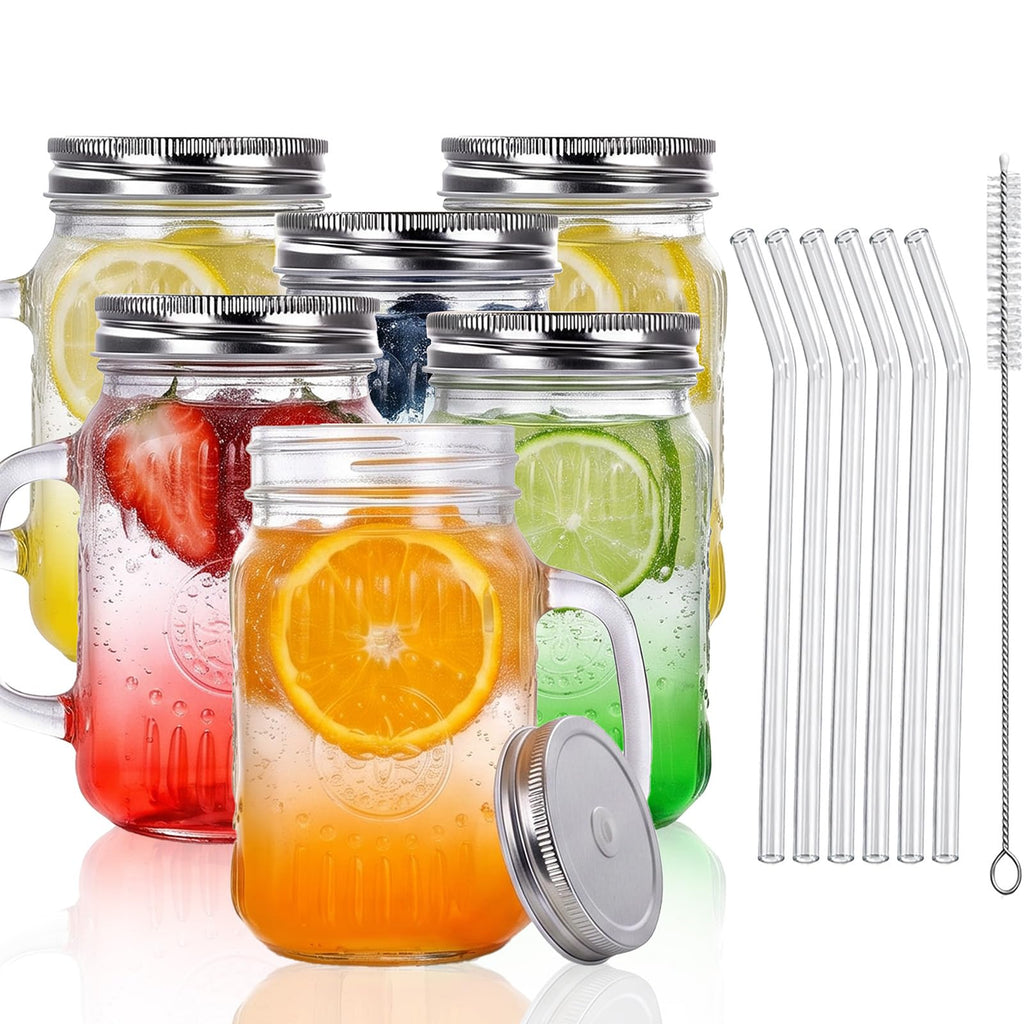 DaYammi Mason Jars with Lids and Straws, 6 Pack 16 Oz Glass Cups for Cold Beverages, Juice, Smoothies, Iced Coffee, Cocktails Leak-Proof Drinking Glasses with Sealed & Straw Lids, Colorful