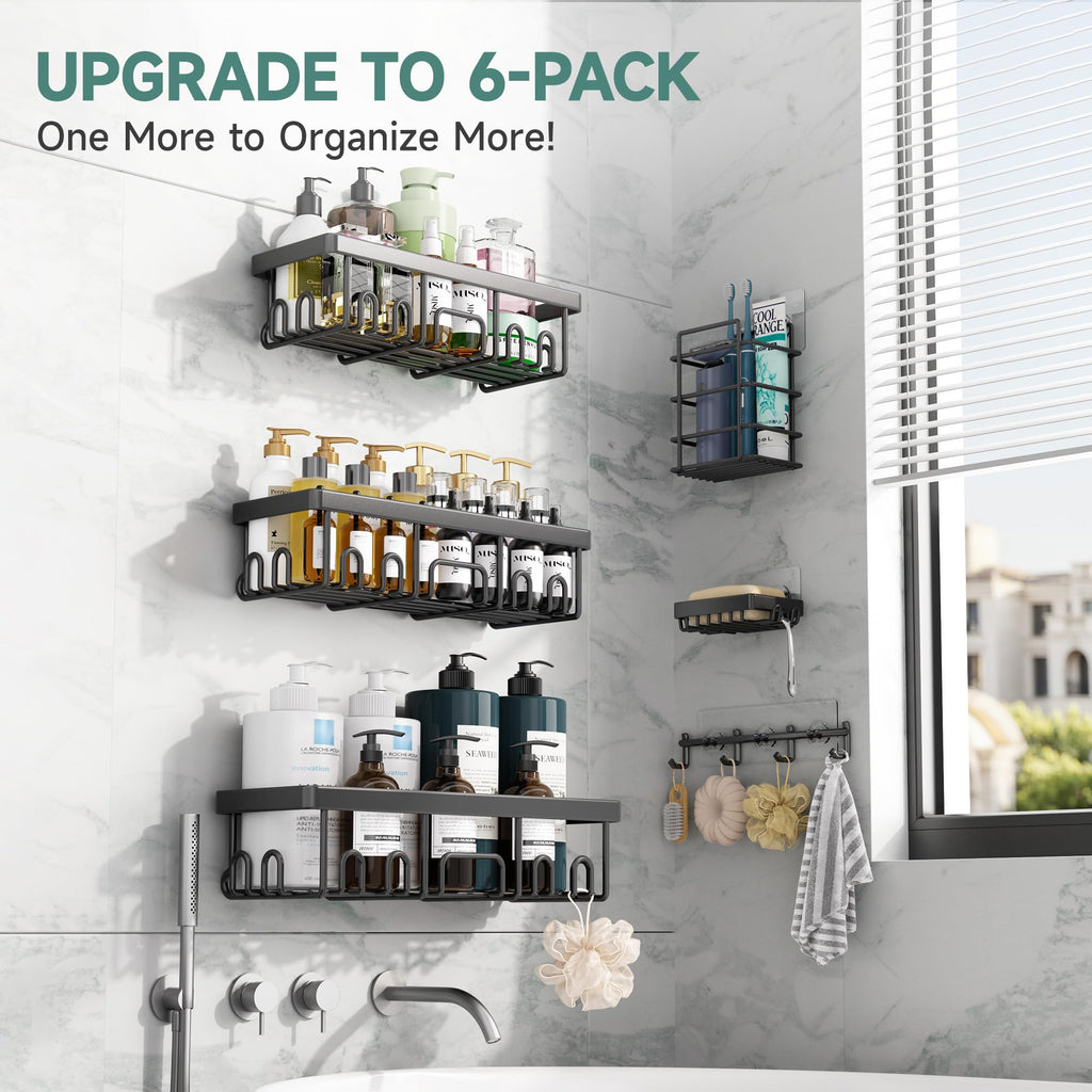 Veken Shower Caddy 6-Pack, Advanced Rustproof Design, No Drilling Adhesive Shelves, Rack with Soap Holder, Large Capacity Bathroom Organizers and Storage, Wall-Mounted Kitchen & Home Decor