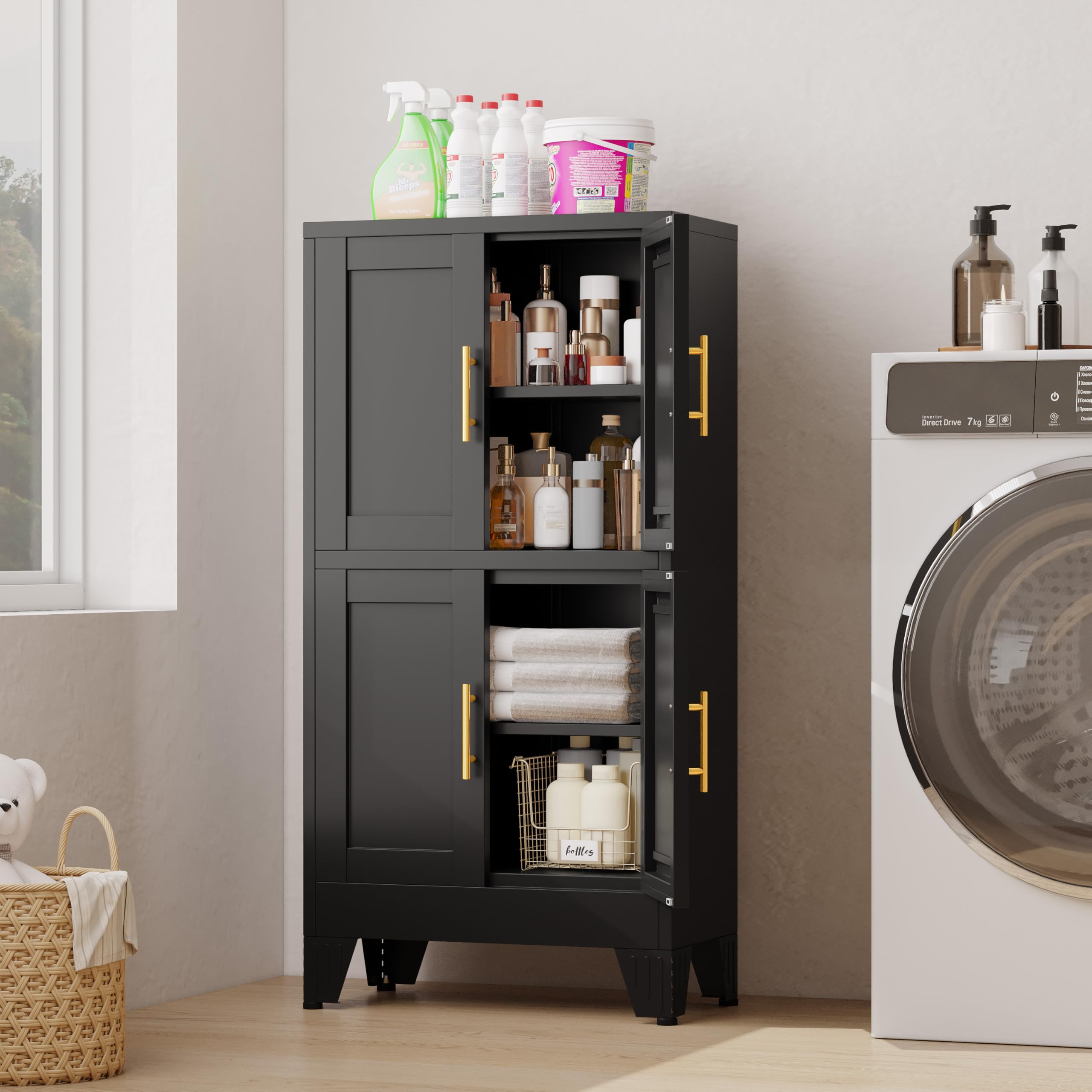 GAIOUS Metal Pantry Cabinet, Kitchen Pantry Storage Cabinets with 2 Door and 3 Adjustable Shelves, White Kitchen Pantry Cabinet, Freestanding Cupboard for Dining Room Living Room Bathroom