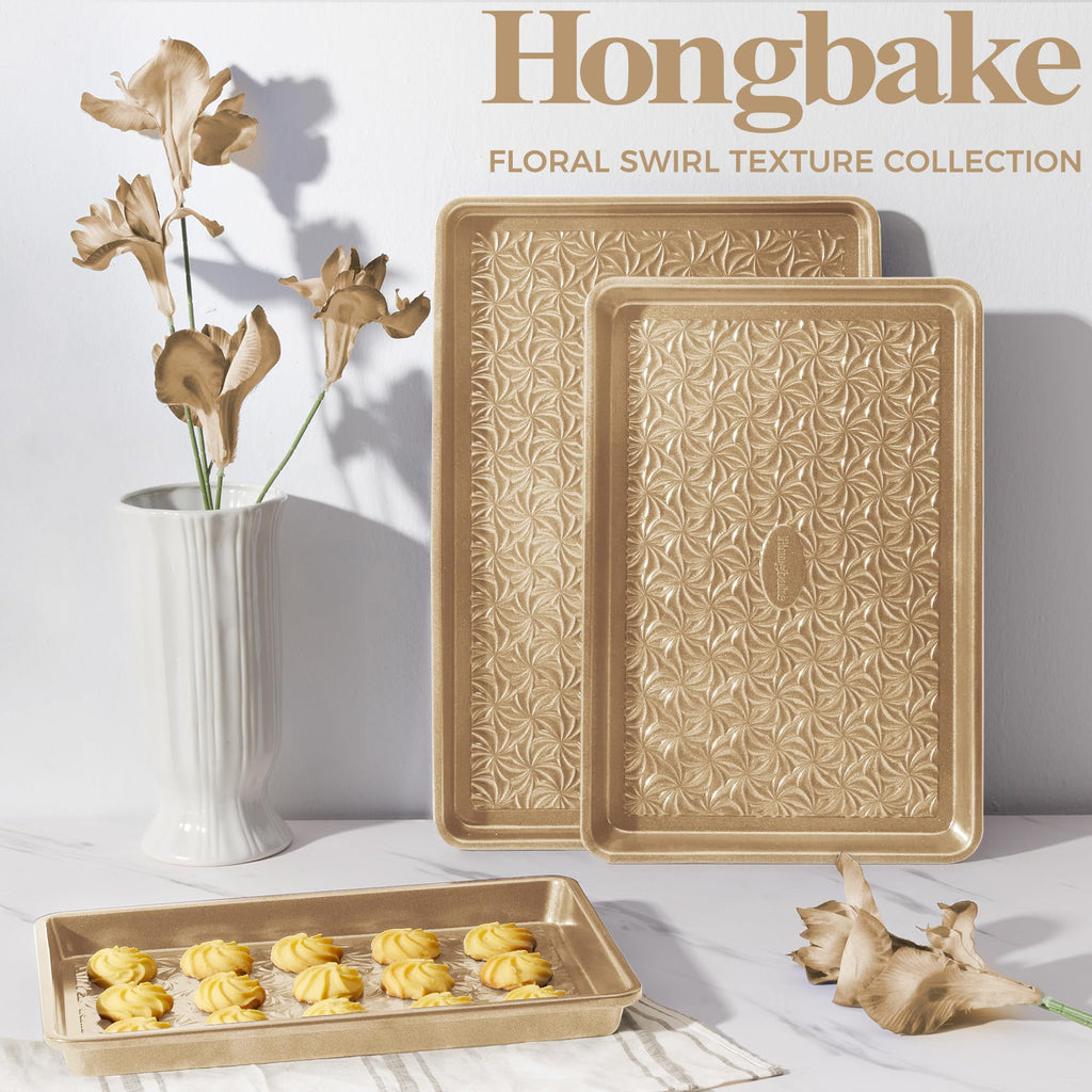 HONGBAKE Nonstick Baking Sheet Pan Set of 3, Cookie Sheets for Oven, Non-Toxic Half/Quarter/Jelly Roll Pans with Floral Swirl Texture, Heavy Duty 0.8mm Thick Oven Trays for Cooking, Dark Gray