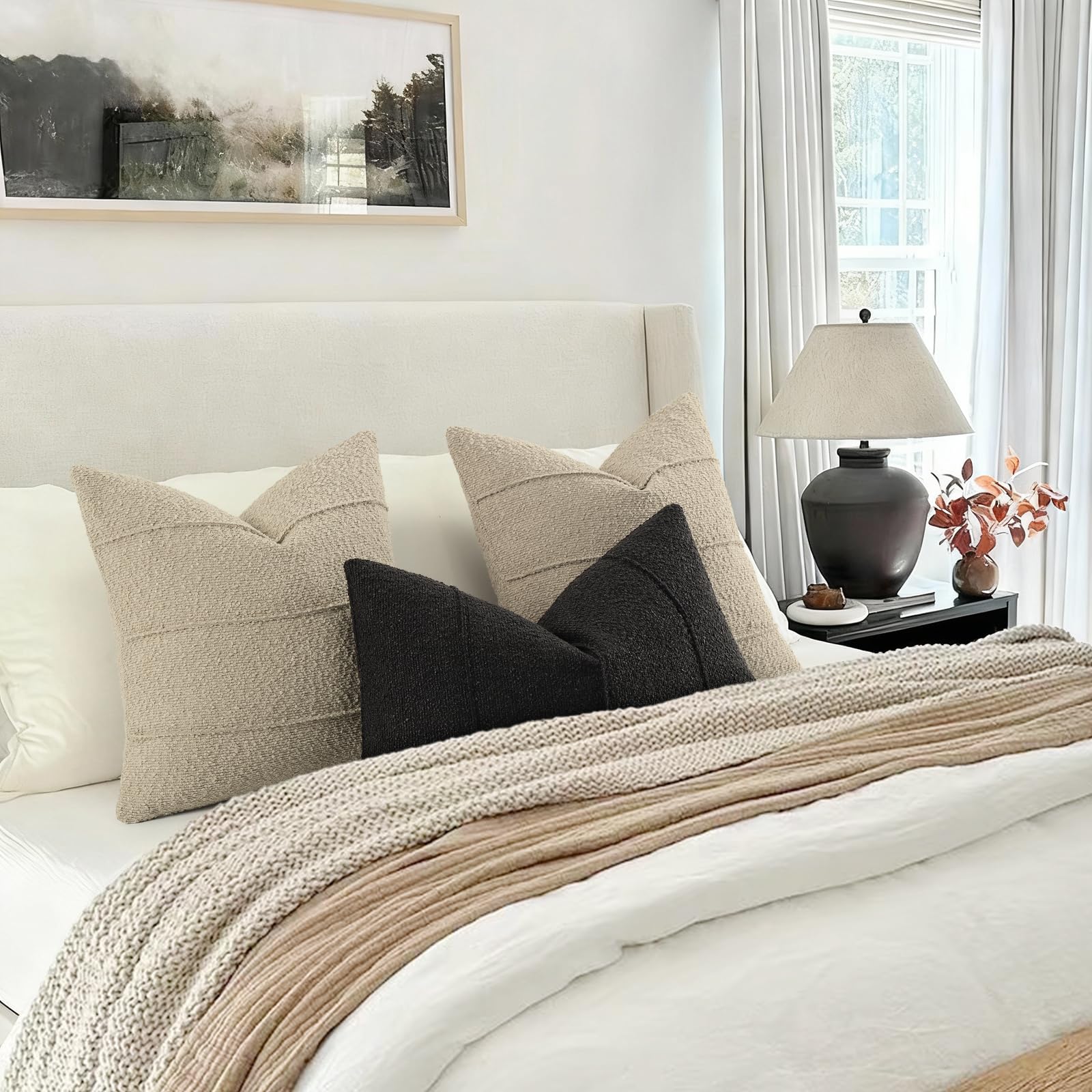 YCOLL Textured Boucle Throw Pillow Covers 20x20 Pack of 2 - Soft Neutral Striped Cushion Covers, Cozy Accent Decorative Pillow Covers for Couch, Sofa, Bed, Living Room (Beige)