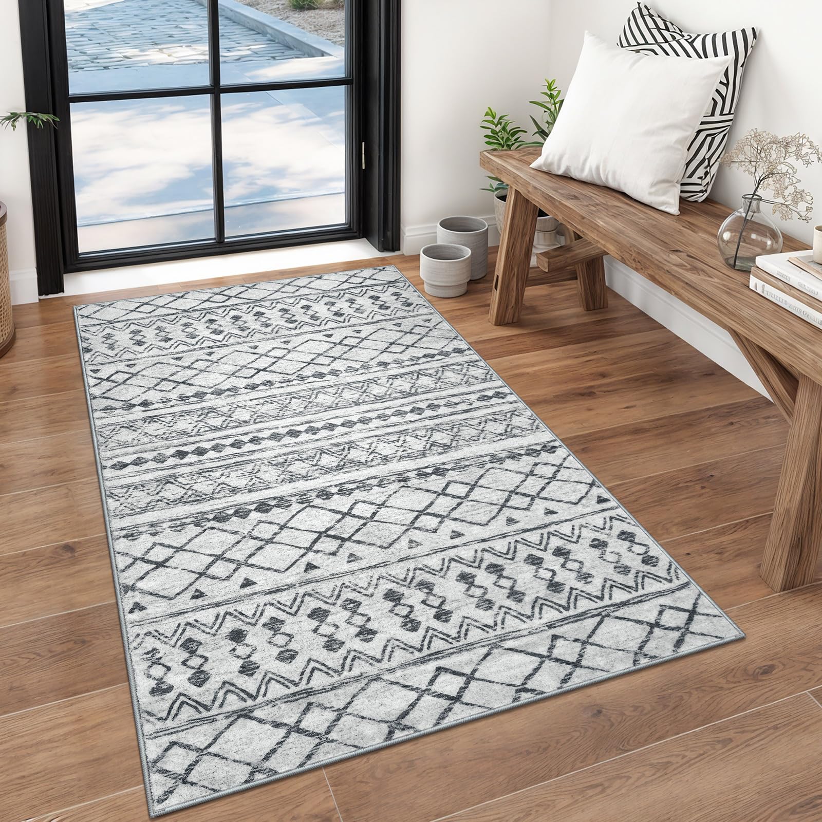 KUTA Washable Non-Slip Rugs for Entryway 2x3, Grey Moroccan Boho Small Area Rug, Ultra Soft Vintage Geometric Low-Pile Indoor Door Mat Floor Carpet for Indoor, Entrance, Kitchen, Bathroom, Bedroom