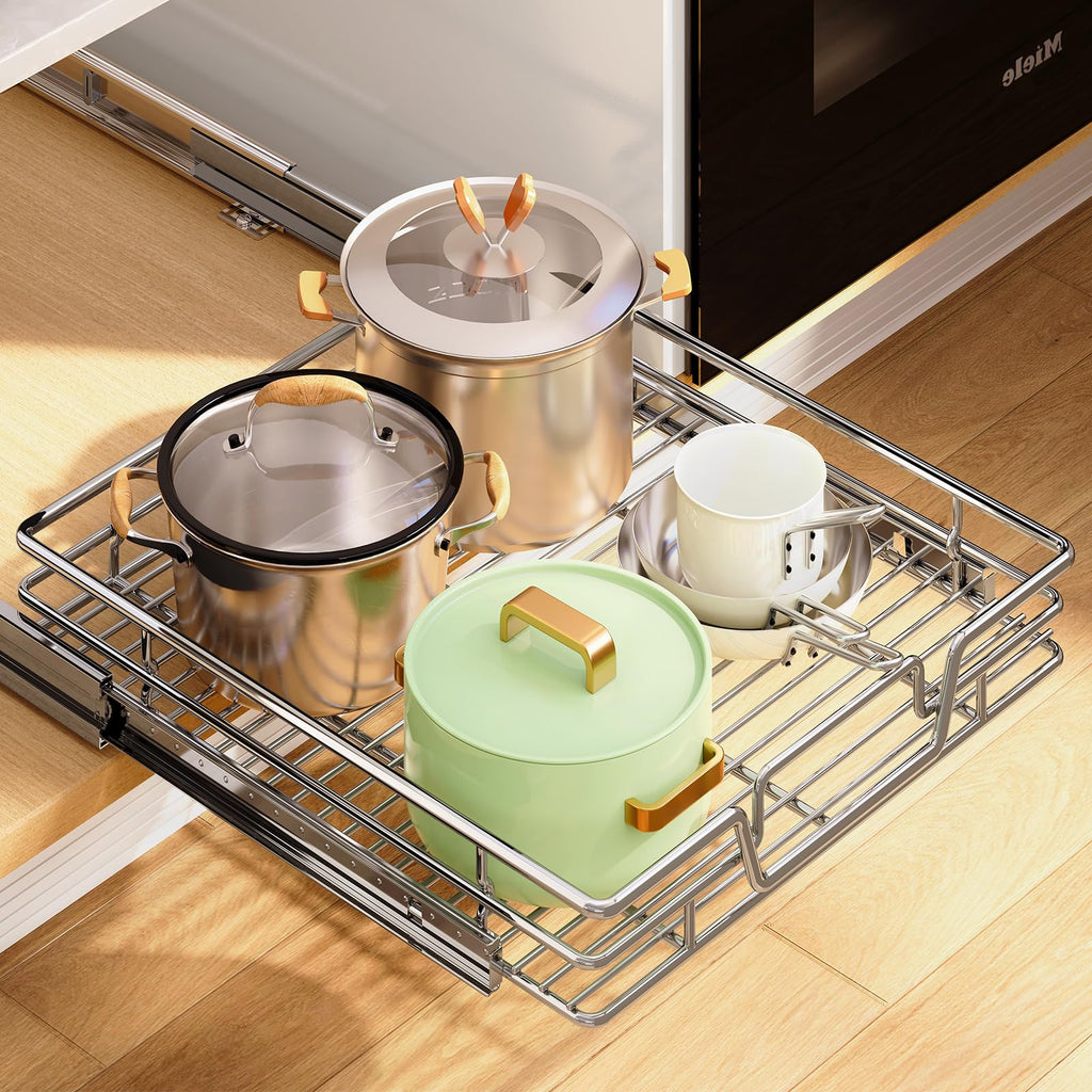 2-Tier Kitchen Cabinet,Pull Out Cabinet Organizer,Shelf and Drawer Organizer Slide Out Pantry Storaqe Basket in Multiple Sizes (12" W x21 D)
