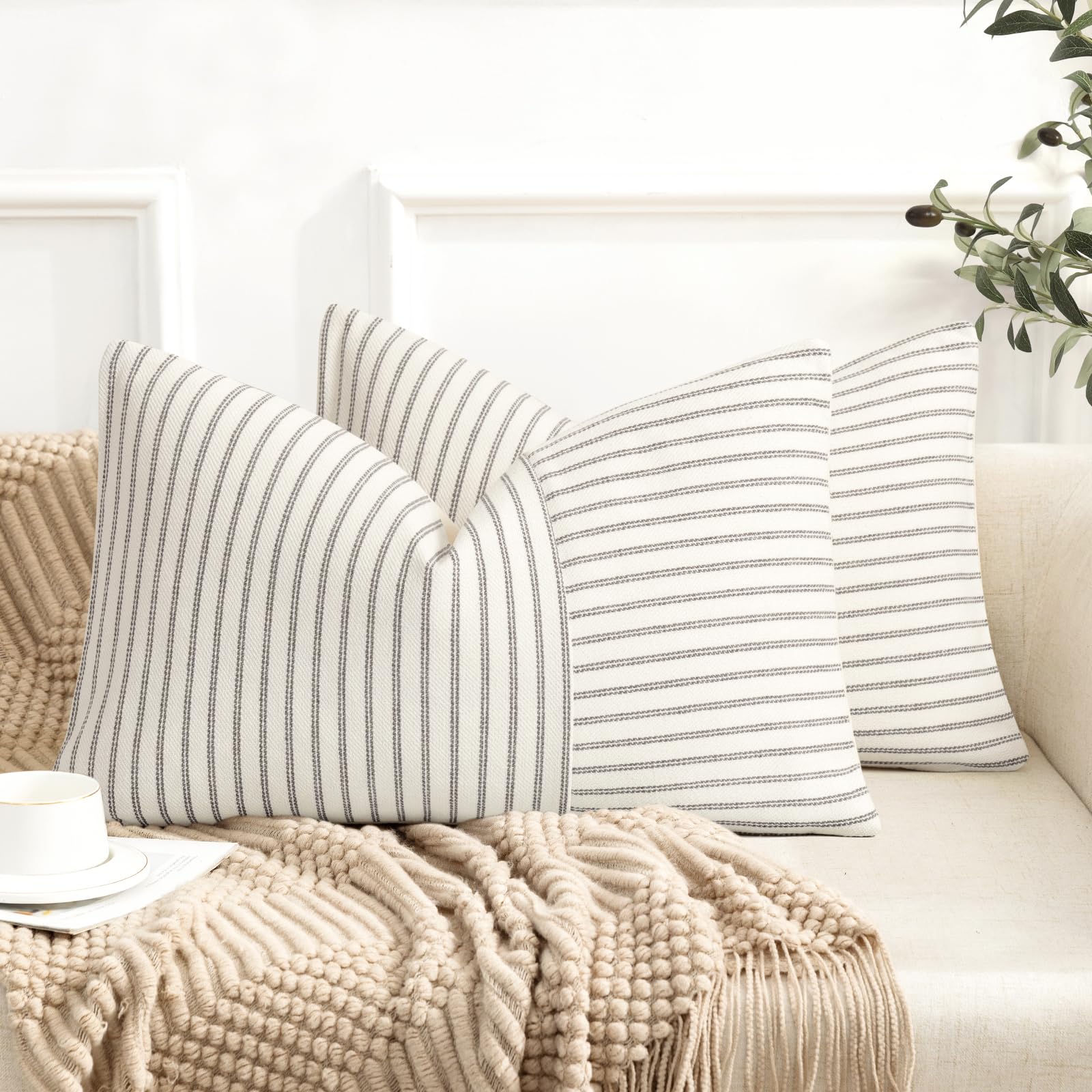 YCOLL Farmhouse Pillow Covers 18x18, Modern Accent Square Throw Pillow Covers Set of 2, Gray and Beige Striped Patchwork Linen Decorative Pillows Cushion Covers for Couch Chair Bedroom Home Decor