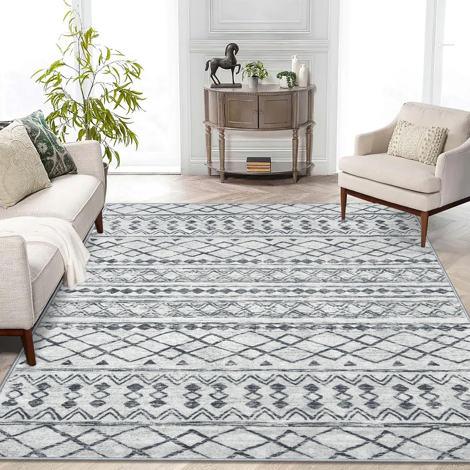 KUTA Washable Non-Slip Rugs for Entryway 2x3, Grey Moroccan Boho Small Area Rug, Ultra Soft Vintage Geometric Low-Pile Indoor Door Mat Floor Carpet for Indoor, Entrance, Kitchen, Bathroom, Bedroom