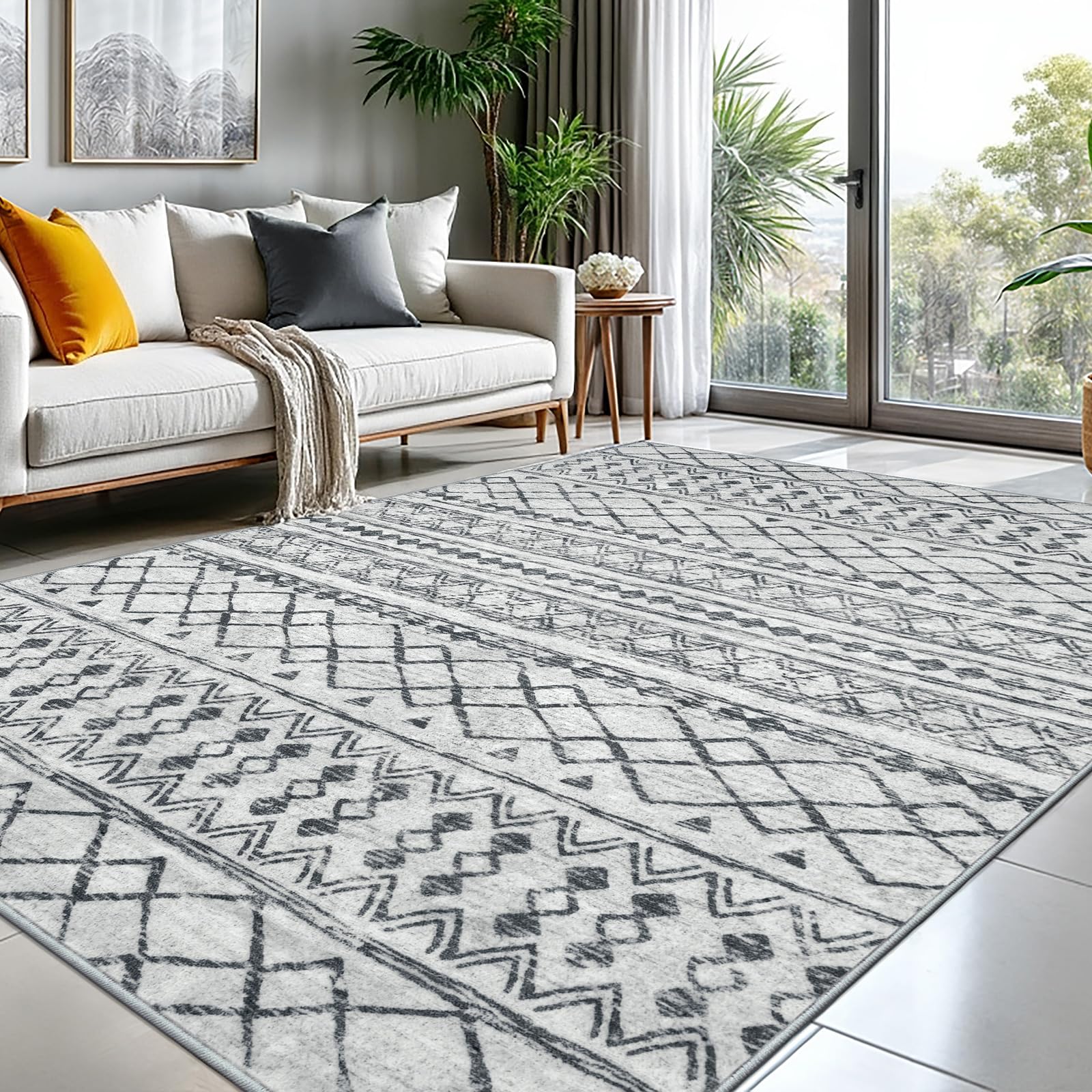 KUTA Washable Non-Slip Rugs for Entryway 2x3, Grey Moroccan Boho Small Area Rug, Ultra Soft Vintage Geometric Low-Pile Indoor Door Mat Floor Carpet for Indoor, Entrance, Kitchen, Bathroom, Bedroom