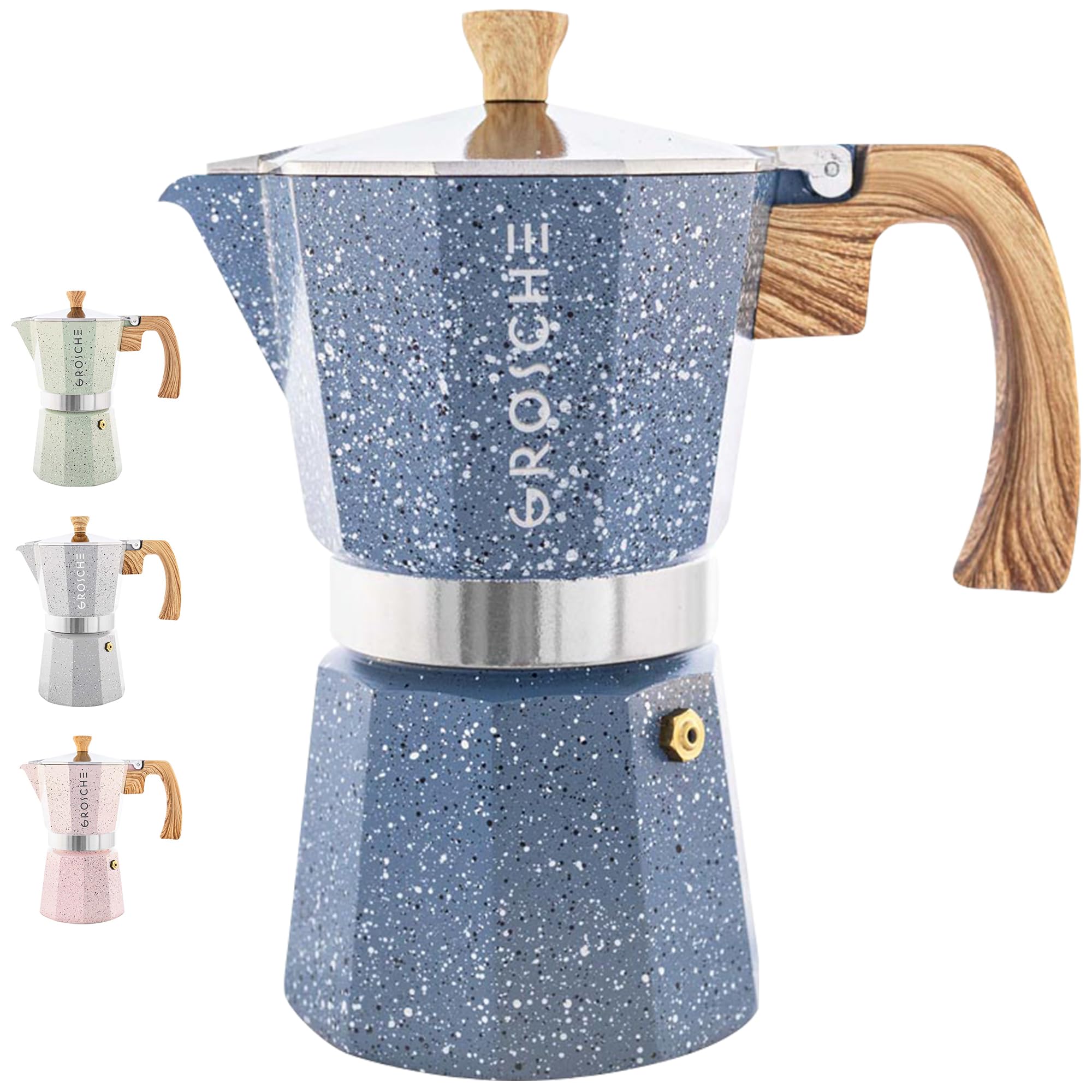 GROSCHE Milano Moka pot, Stovetop Espresso maker, Greca Coffee Maker, Stovetop coffee maker and espresso maker percolator (Grey, 6 cup)