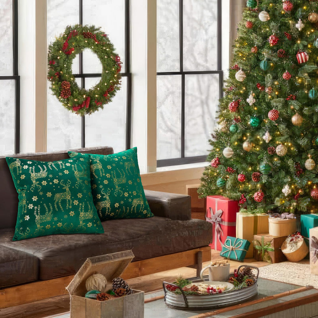 Topfinel Christmas Pillow Covers 18x18 Set of 2,Xmas Cream Velvet Snowflake Reindeer Decorative Pillow Case Winter Holiday Decor for Home Couch,White and Gold