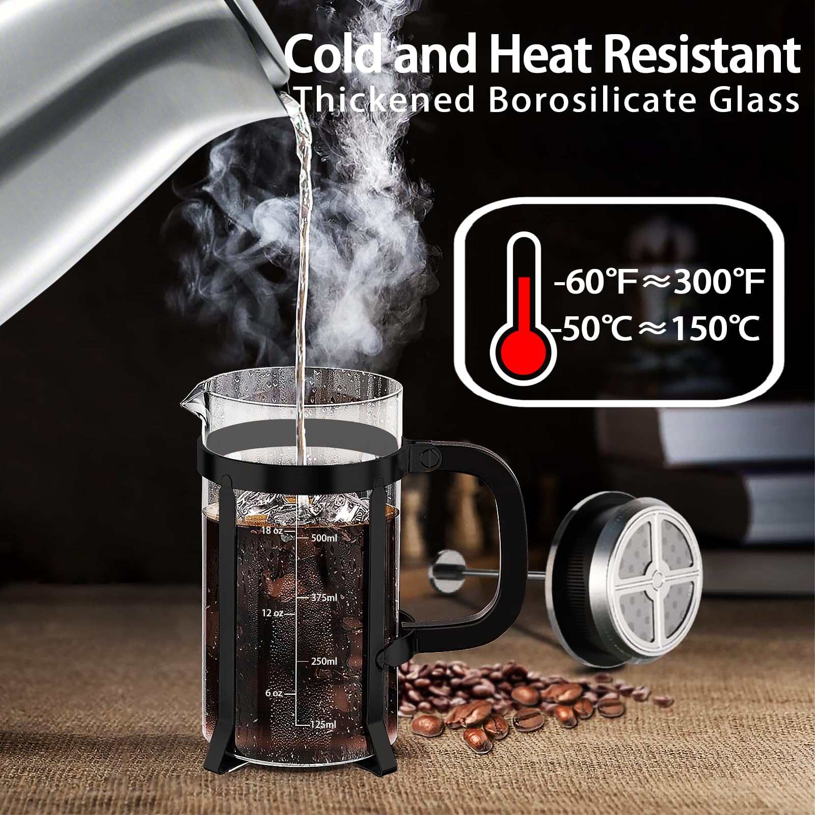 YMMIND French Press Coffee Maker 304 Stainless Steel Coffee Press,with 4 Filters System, Heat Resistant Thickness Borosilicate French Press Glass, BPA-Free Brewed Tea Pot Coffee Plunger(Copper 12oz)