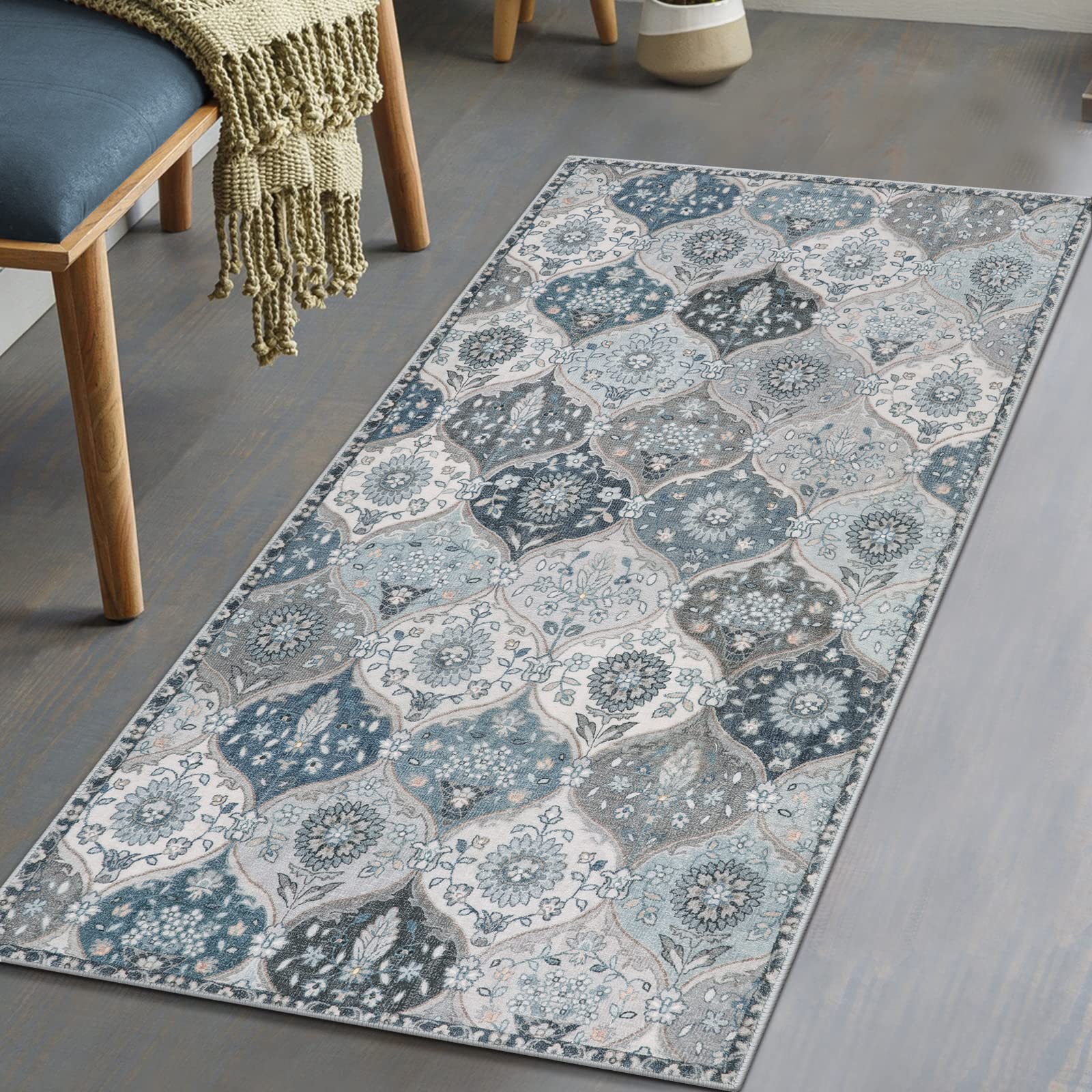 Lahome Moroccan Trellis Washable Rug, 2x3 Kitchen Rugs for Entryway Bathroom, Non-Slip Indoor Door Mat Ultra-Thin, Small Oriental Throw Carpet for Bedroom Entry Elise, Cream/Multi