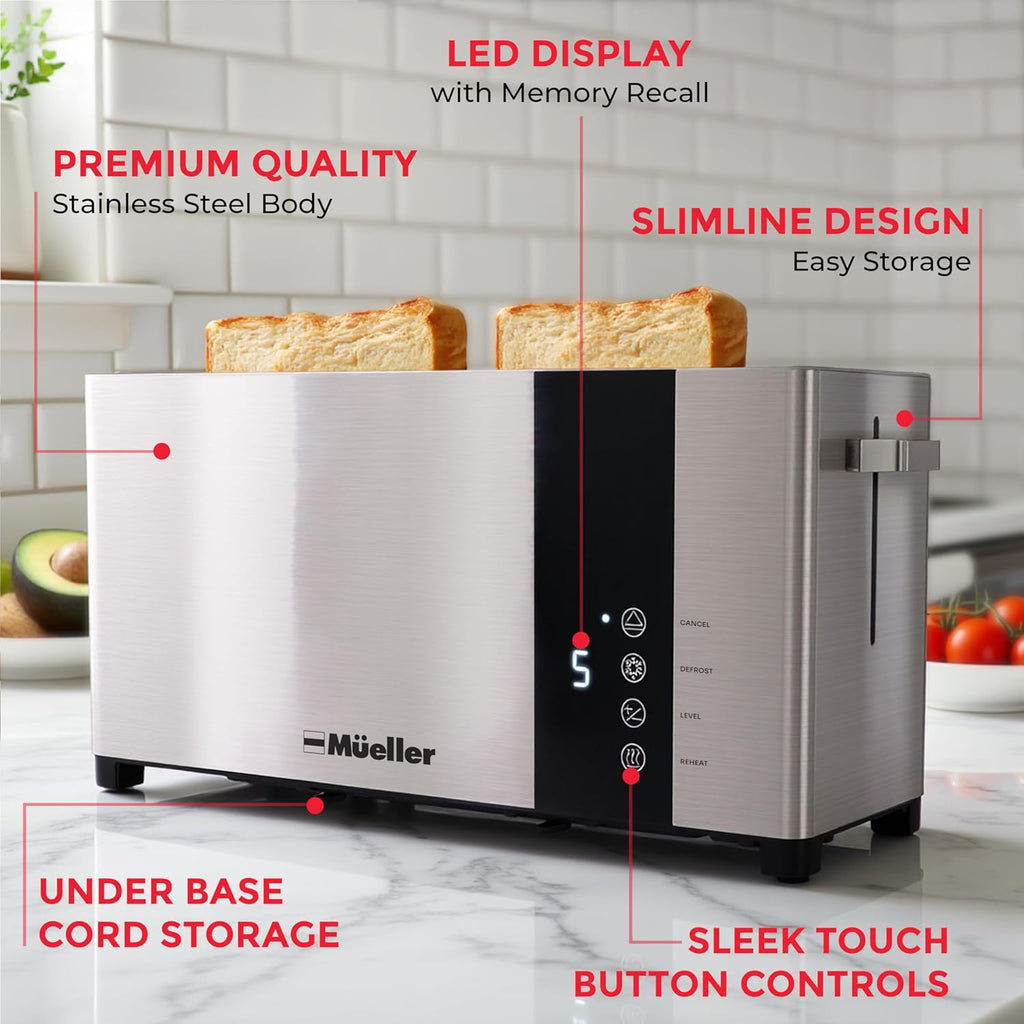 Mueller UltraToast Full Stainless Steel Toaster 2 Slice, Long Extra-Wide Slots with Removable Tray, Cancel/Defrost/Reheat Functions, 6 Browning Levels with LED Display, Housewarming Gifts New Home
