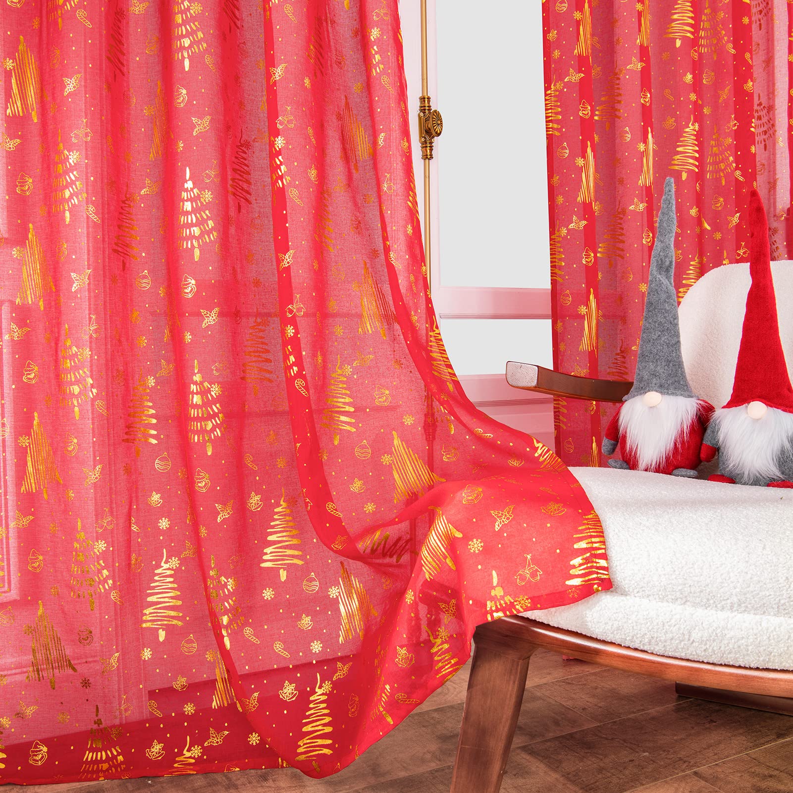 Topfinel Red Christmas Decorations for Home, Sheer Curtains 84 Inch Length for Kids/Living Room 2 Panels Set, Christmas Bells, Snowflake, Santa Claus, Xmas Ball for Cortinas De Navidad Decor