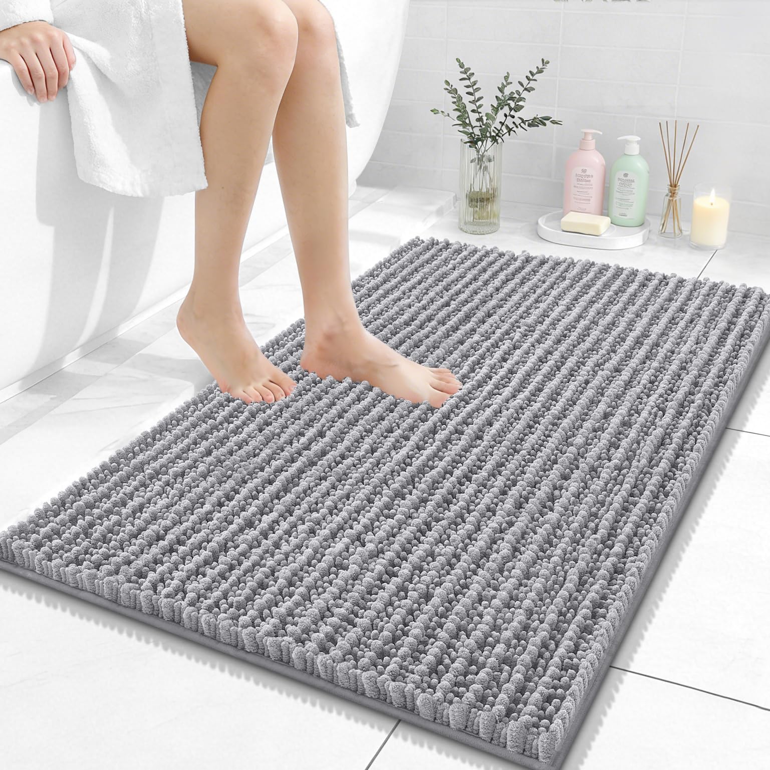 OLANLY Bathroom Rug Mat 30x20, Thick Soft and Absorbent Chenille Bath Mat, Non-Slip Rubber Backing, Machine Washable Quick Dry Bath Rugs for Tub Shower Floor, Home Decor Accessories, Grey