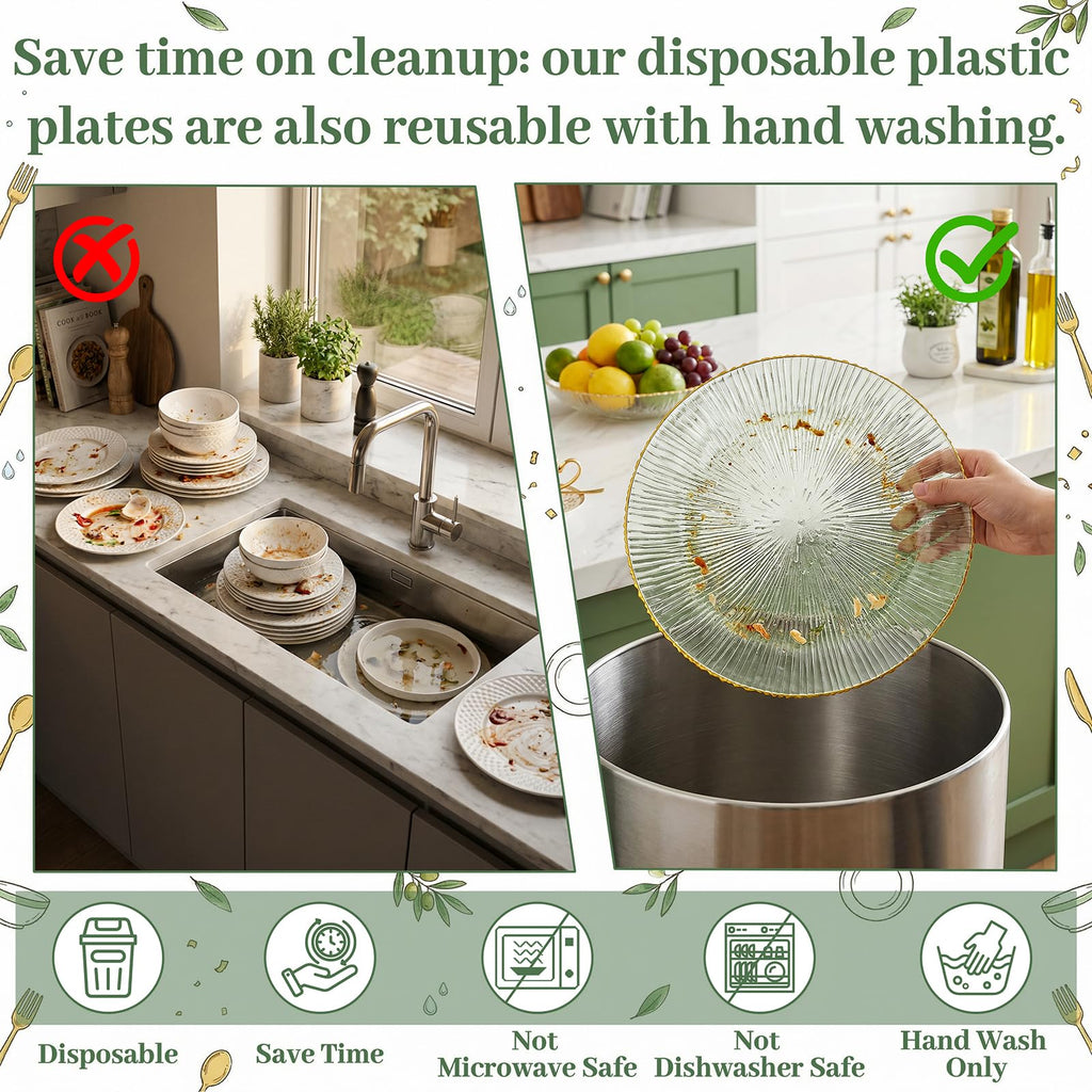 DaYammi 60Pcs Sage Green Plastic Plates with Gold Rim,Disposable Plates Set Includes 30 Dinner Plate & 30 Salad Plate,Fancy Green Party Plates with Radial Texture for Party Wedding Dinner