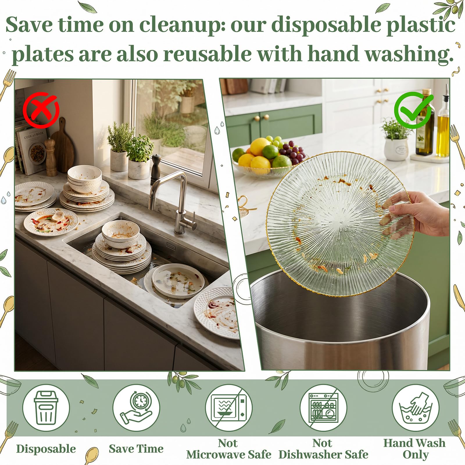 DaYammi 60Pcs Sage Green Plastic Plates with Gold Rim,Disposable Plates Set Includes 30 Dinner Plate & 30 Salad Plate,Fancy Green Party Plates with Radial Texture for Party Wedding Dinner