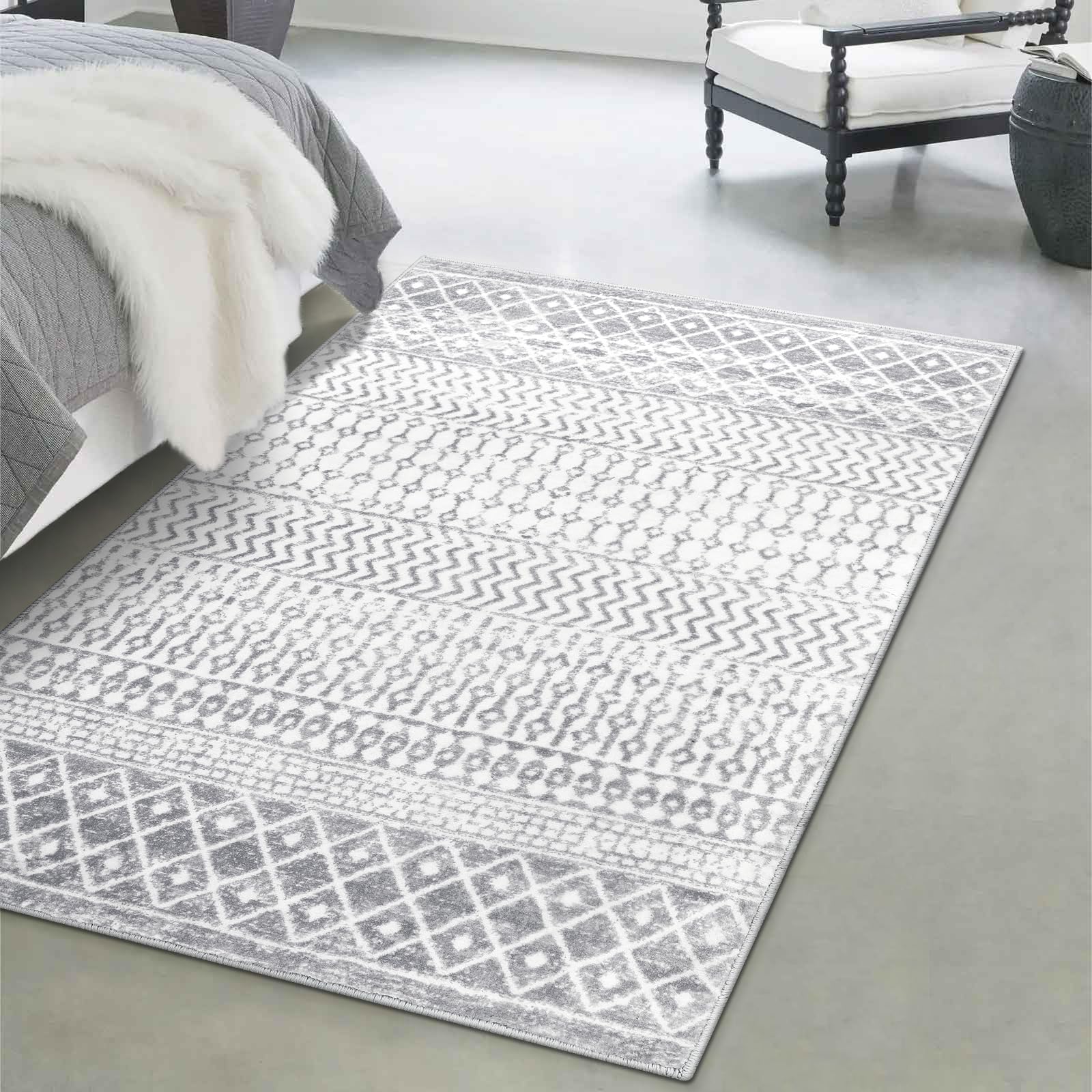 Moroccan Washable Rugs, 2x3 Light Grey Rug Non-Slip Small Distressed Entryway Rugs, Soft Low-Pile Bedroom Rug Indoor Doormat Carpet for Entryway Kitchen Bathroom