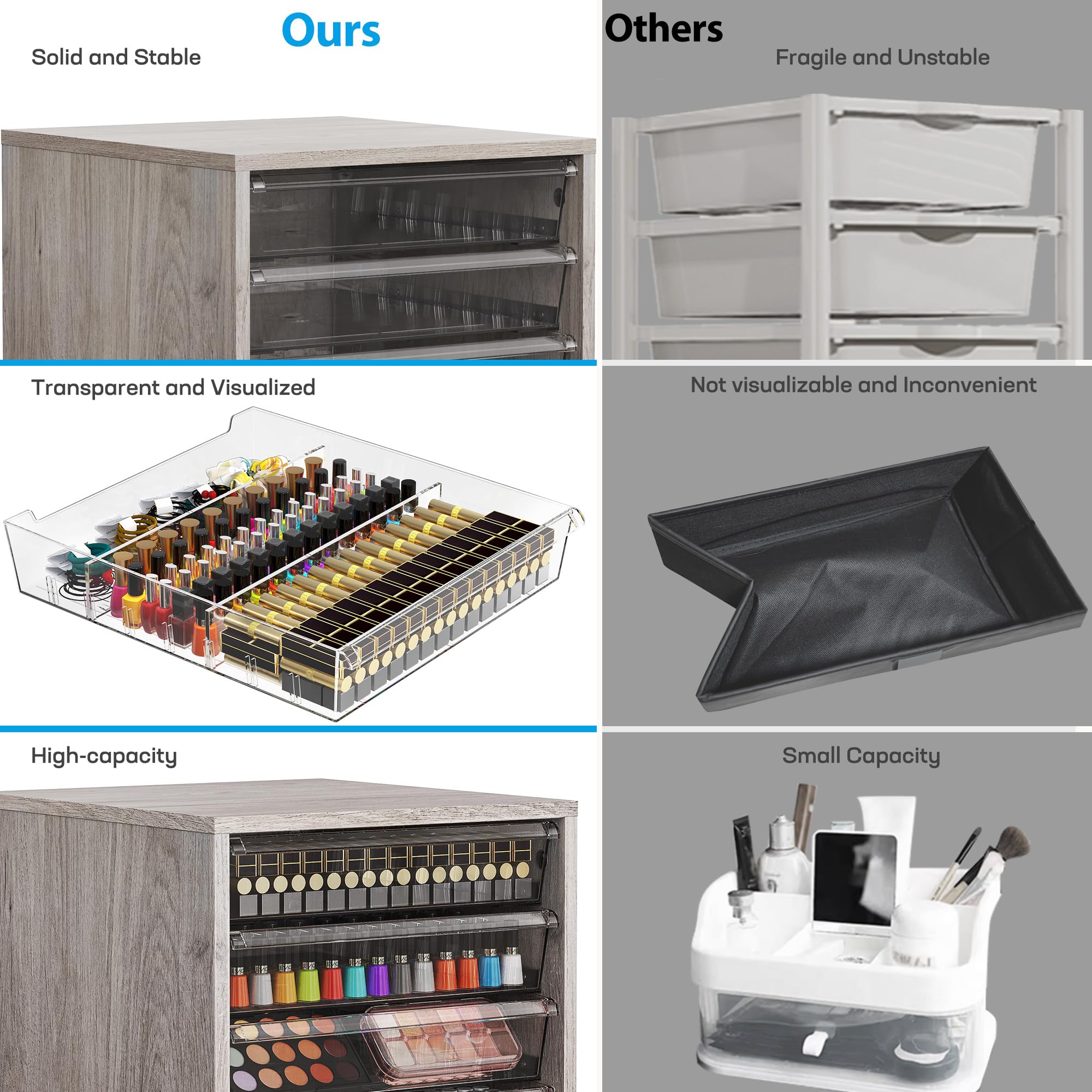 WOPITUES Storage Drawer Cart, Mobile Storage Cabinet, Makeup Storage with 10 Large Clear Drawers, Utility Wooden Rolling Cart on Wheels, for Cosmetic, Art Craft, Office Supplies, Toy, White