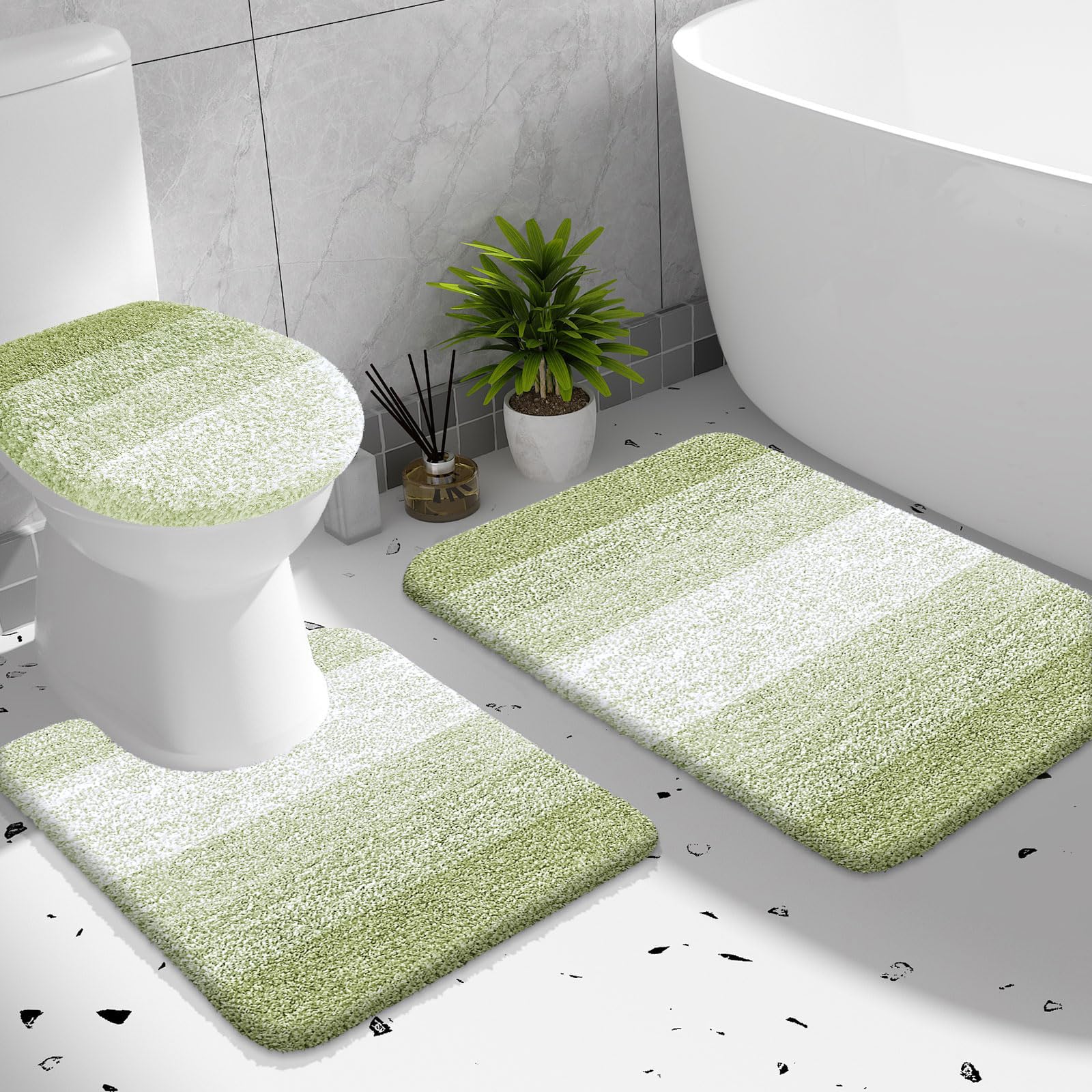 OLANLY Bathroom Rugs Sets 3 piece, Soft Microfiber Absorbent Bath Mat, U-Shaped Contour Toilet Mat and Toilet Lid Cover, Quick Dry, Machine Washable, Toilet Cover and Rug Set for Bathroom, Grey
