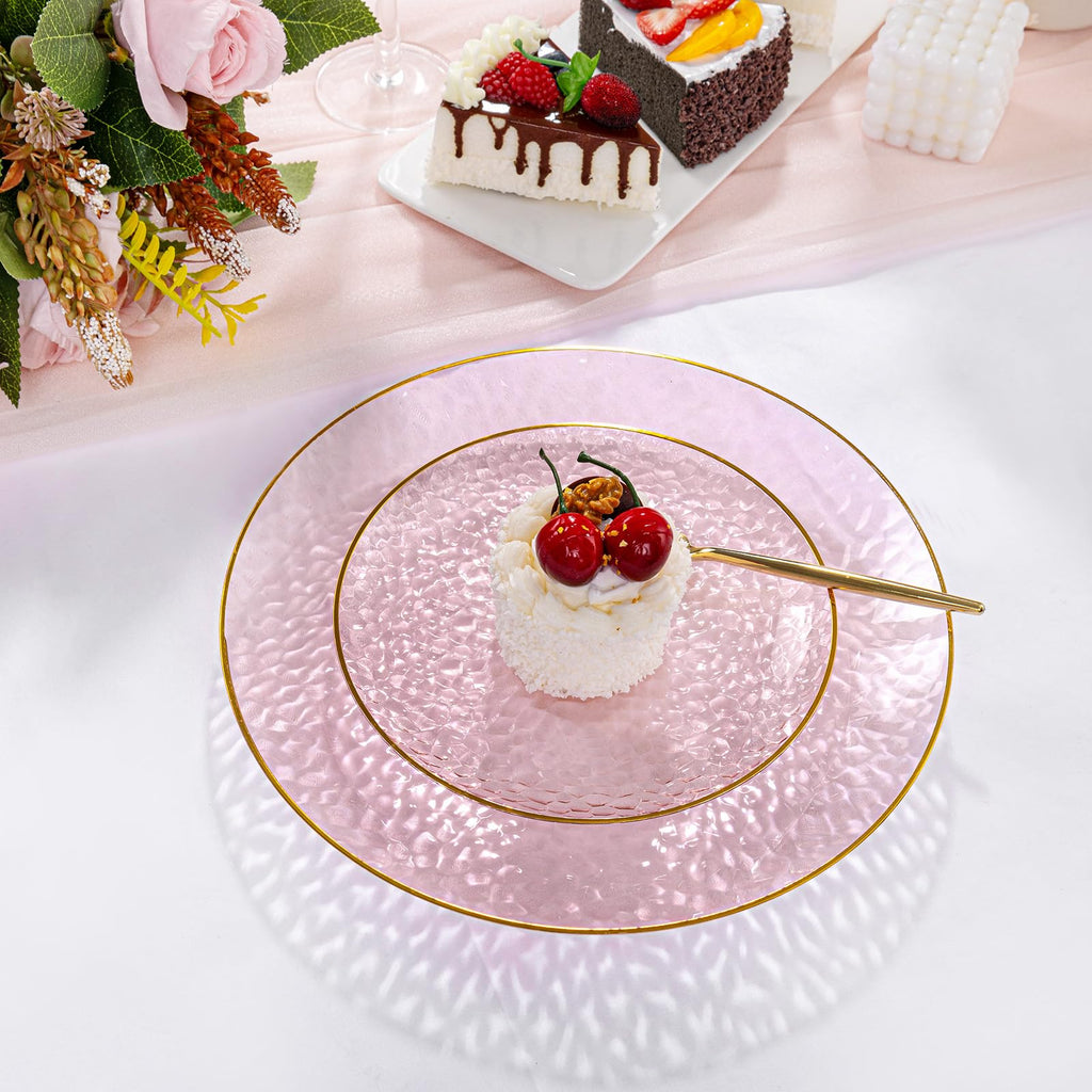 DaYammi 240Pcs Gold Plastic Plates Including 120Pcs Dessert Plates and 120Pcs Cake Forks,Hammered Party Plate,Clear Gold Appetizer plates Heavy duty Disposable Plastic Plate for Party Wedding Birthday